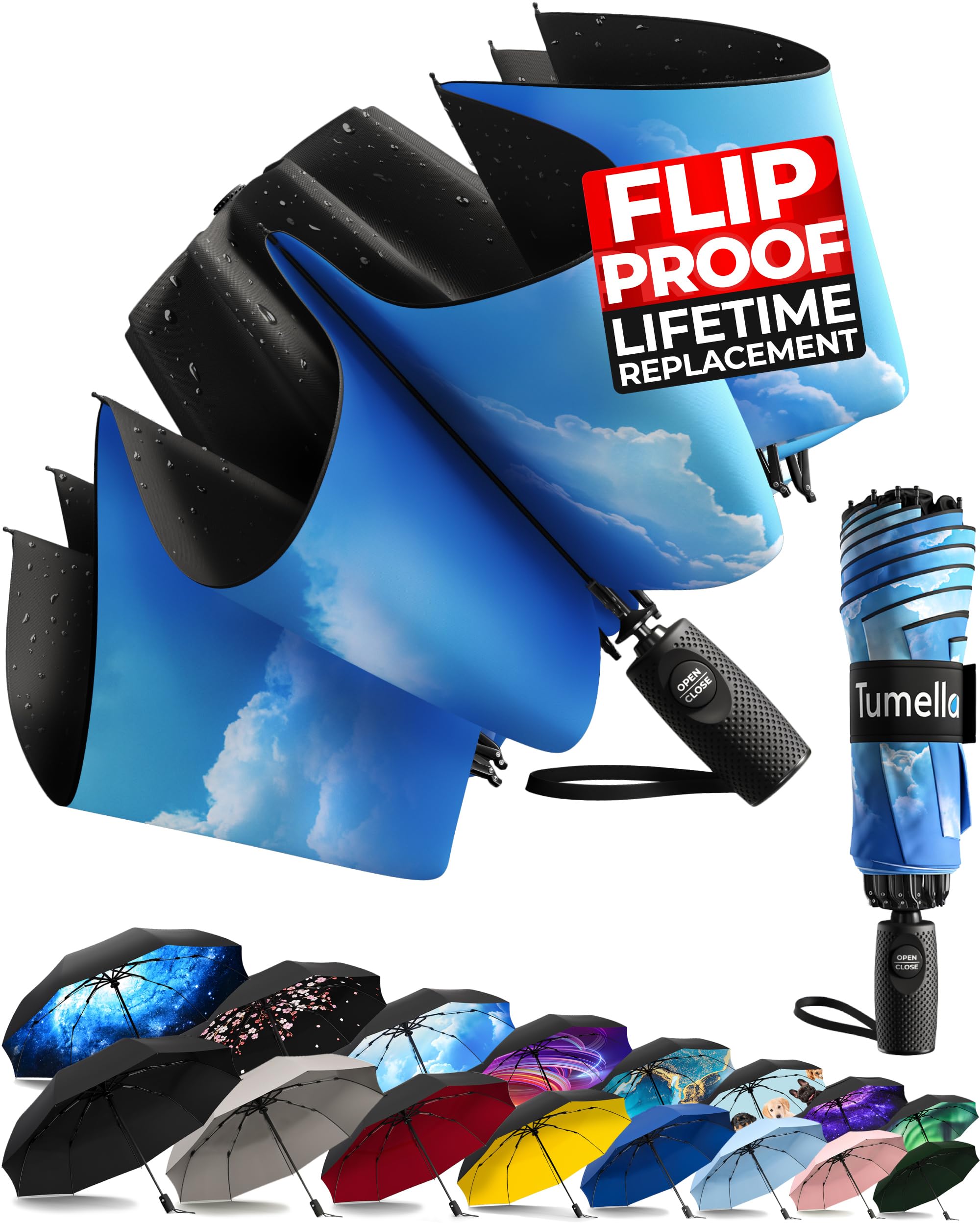 TUMELLA Inverted Windproof Umbrella, Large, Strong, Light, Portable, Automatic Reverse Folding Rain Umbrella, Durable Premium Grip, Fits Car &