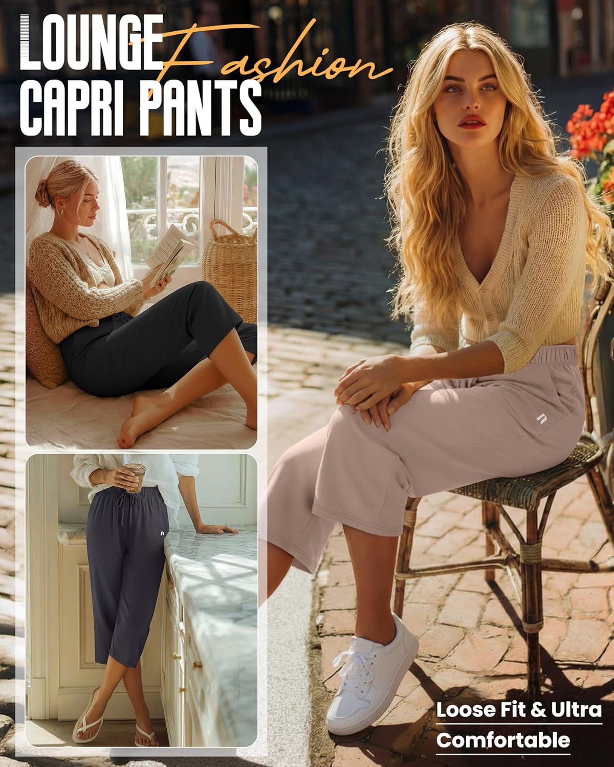 Neer 3 Pack Women's Capri Pants, Wide Leg Basic Sweatpants Lounge Loose Fit Casual Drawstring Yoga Capris with Pockets - Image 3