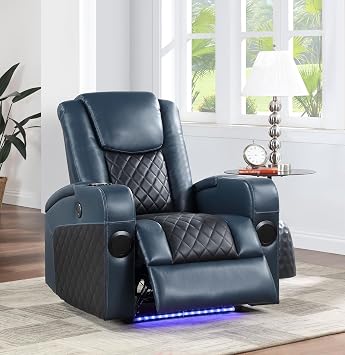 Alair Blue & Black Leather Aire Power Motion Recliner W/, Wireless Charger & Cupholder
