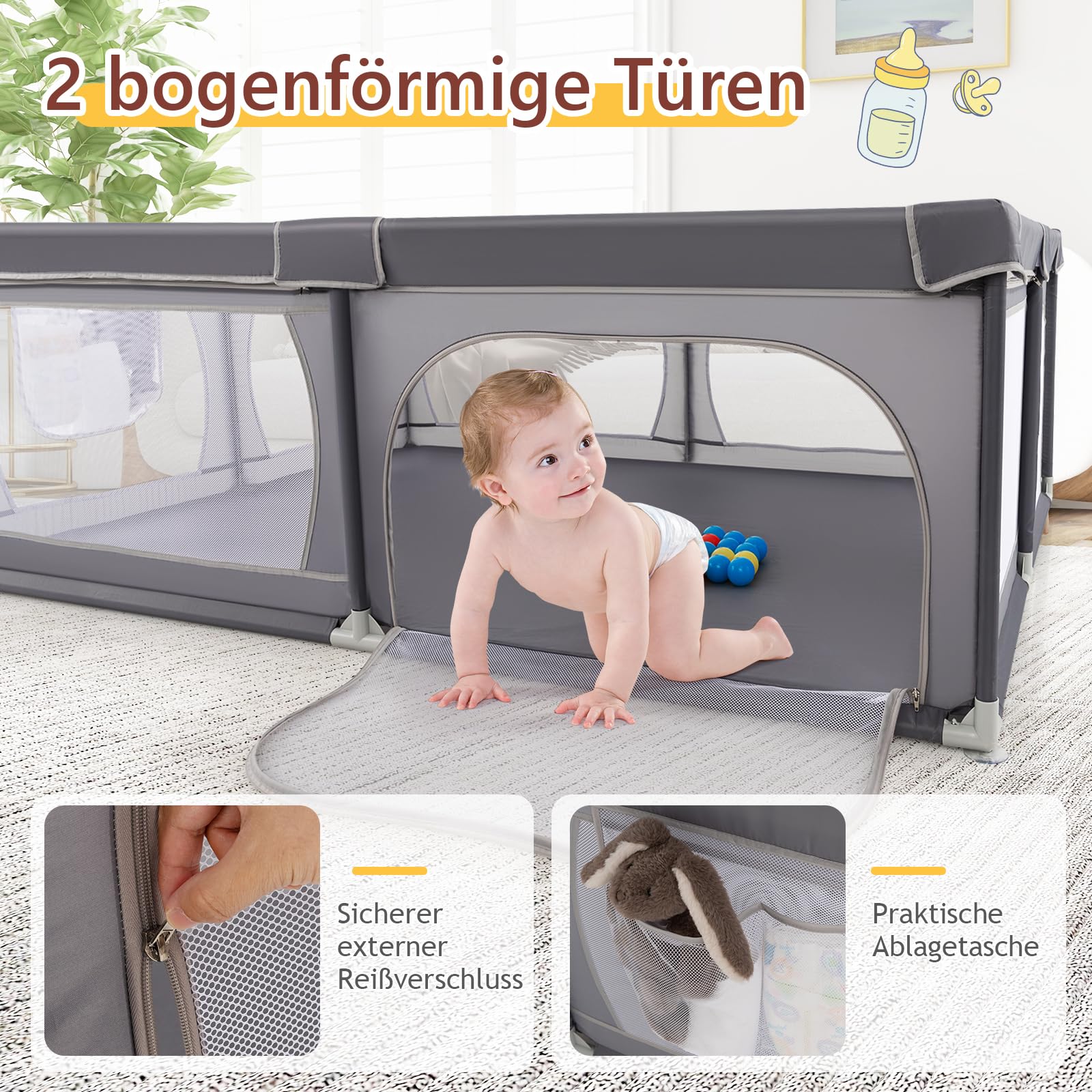 DREAMADE 200 x 140 cm Baby Laufstall, Laufgitter mit 50 Bällen & Tragetasche, Krabbelgitter für Kinder im Innen- & Außenbereich (Dunkelgrau, ohne Matratze)