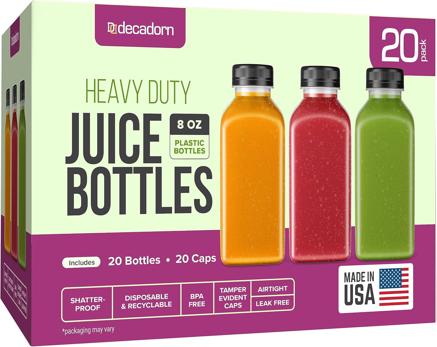 DECADORN 8oz Plastic Juice Bottles For Juicing 20 Pack