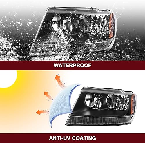 Miniatura 8 de JSBOYAT Conjunto de faros halógenos compatible con Jeep Grand Cherokee WJ 99-04 repuesto OE faro delantero lado conductor y pasajero, carcasa negra