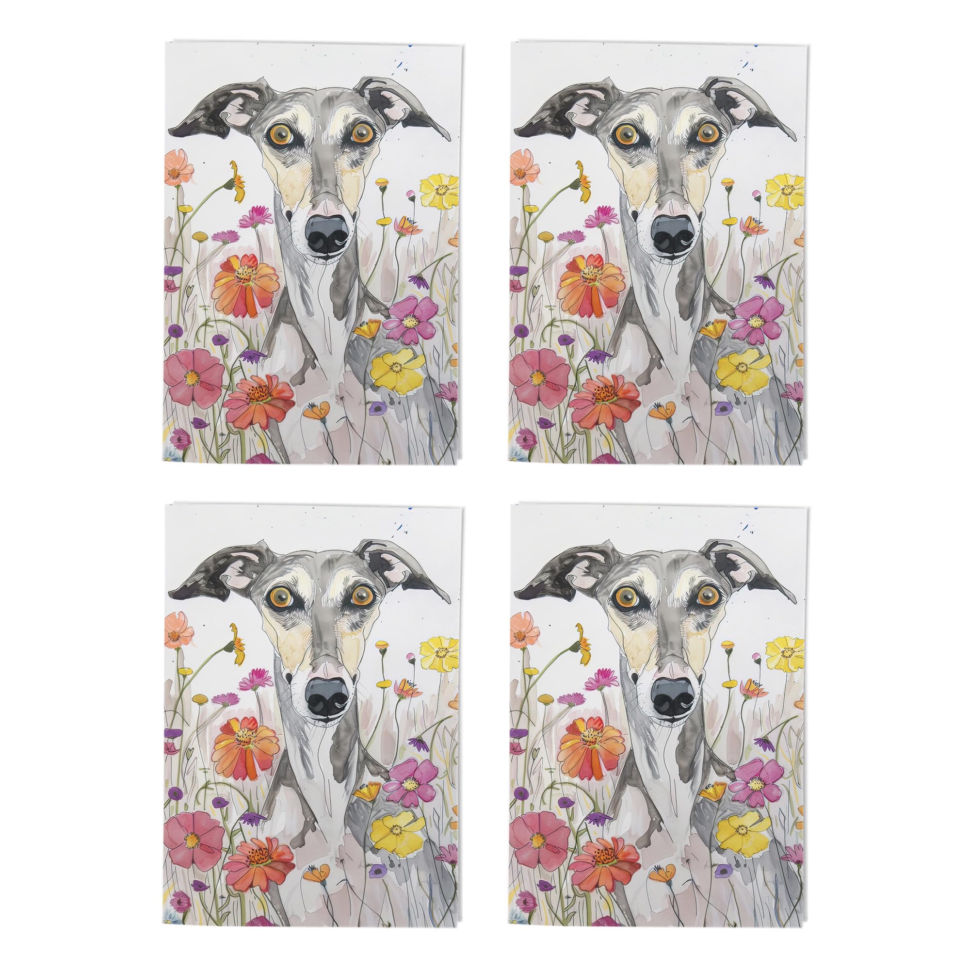Whippet Wildflower Watercolour Art Cards Multipack of 4 Dog Lover Greeting Cards For Any Occasion Blank Inside A6 10 x 15 cm