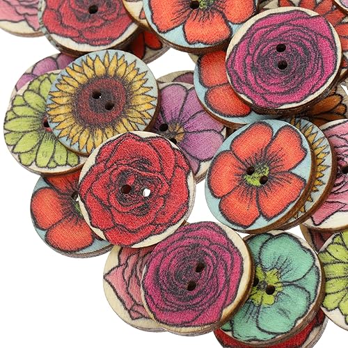 EXCEART 100 botones de flores de madera, botones de costura retro, redondos, 2 agujeros, botones decorativos para manualidades de costura de
