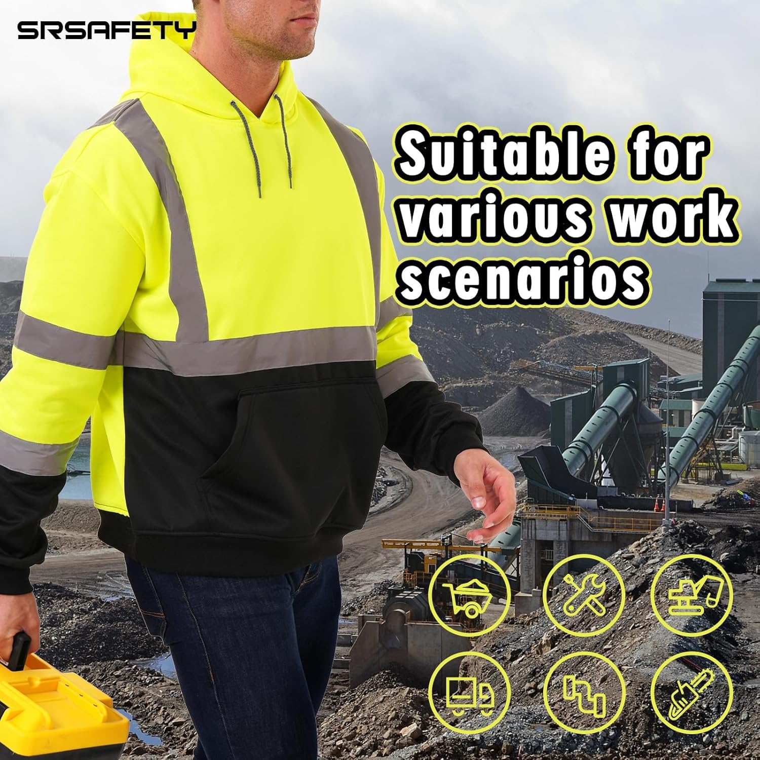 SRsafety High Visibility Safety Hoodie for men,Reflective Safety Sweatshirt with Black Bottom,Work Hoodies for Men＆Women