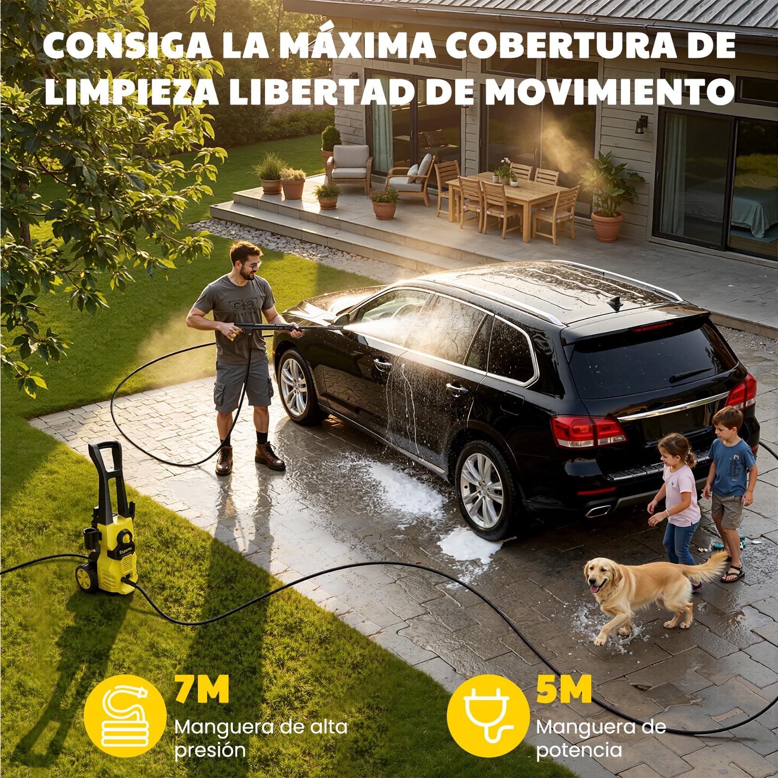 𝟕𝐎%𝟎𝐟𝐟 Hidrolimpiadora de Alta Presión, 120 Bar, Caudal de 380 l/h, área de Trabajo 30 m²/h, Ideal para Hogar, Jardín y Coche –Incluye Manguera de 7m, Bomba de Aluminio, Radio de Acción 12m