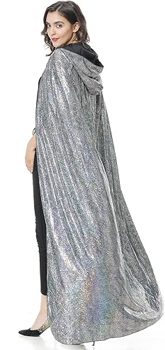 Miniatura 4 de GRAJTCIN Capa de lentejuelas para mujer, capa brillante con capucha, longitud completa, capa con purpurina, Mardi Gras, Halloween, Navidad, fiesta