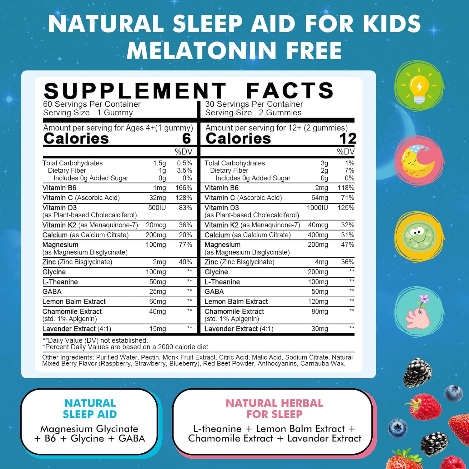 Kids Sleep Gummies, Magnesium Glycinate 100/200 mg for Natural Sleep, Relaxation and Calm Support, Melatonin Free Sleep Aid, Kid Melatonin Alternative for Restful Sleep, Sugar Free Mixed Berry, 120 Ct - Image 7