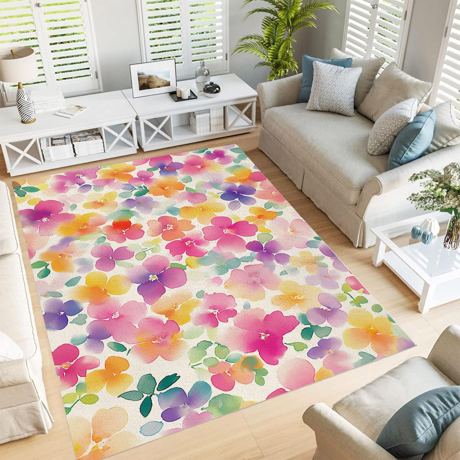Tapis lavable motif floral aquarelle 90x150cm pour salon et chambre
