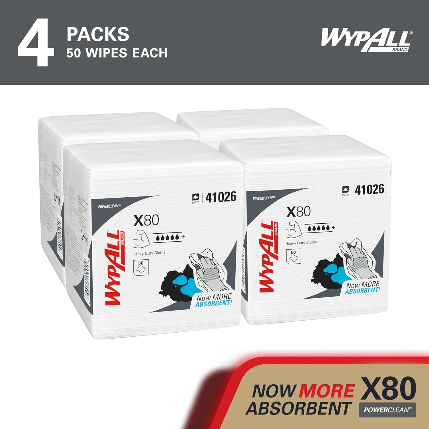 WypAll PowerClean X80 Cloths Heavy Duty Wipes (41026), Quarterfold, Extended Use Towels, White (4 Packs of 50 Sheets, 200 Sheet Total)