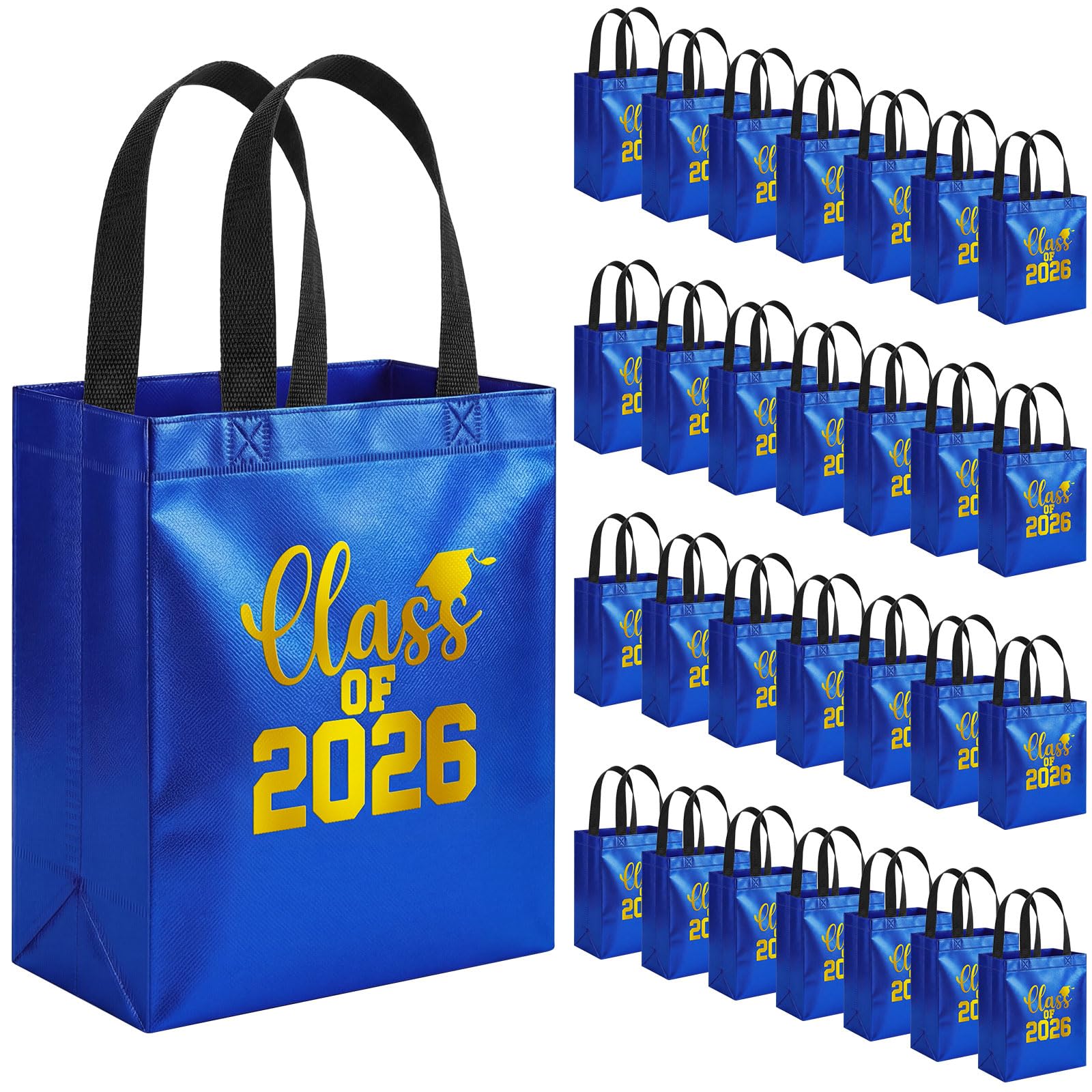 Tegeme 30 Pcs Class of 2026 Graduation Gift Bags Bulk Non Woven Shinny Tote Bag with Handles for Graduate College High School(Blue,Gold)