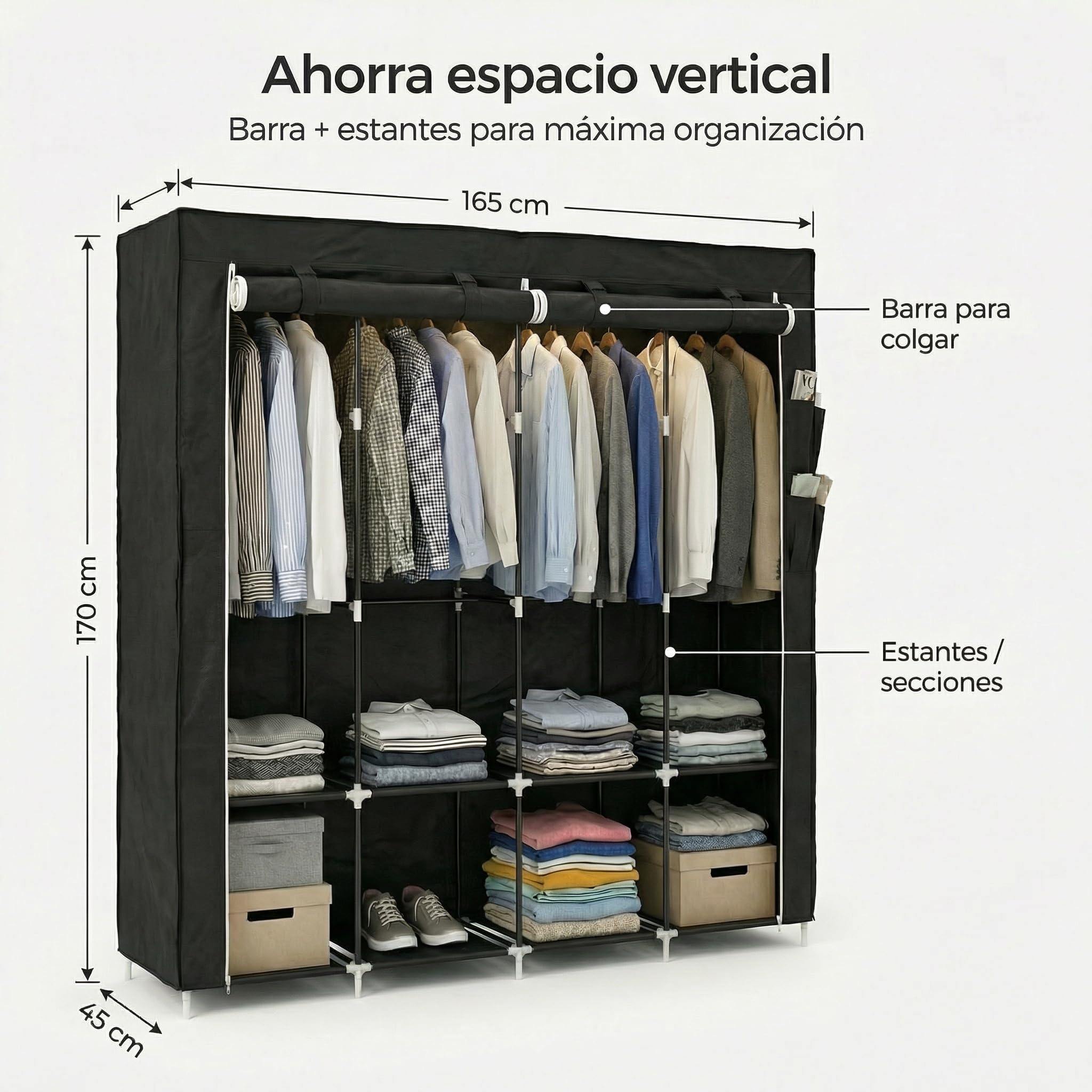 Pincho Armadio guardaroba in tessuto, armadio portatile per abbigliamento, organizer per vestiti, con cerniera, scaffali modulari con appendiabiti, Wardrobe, armadio organizer - 170 x 45 x 165 cm nero