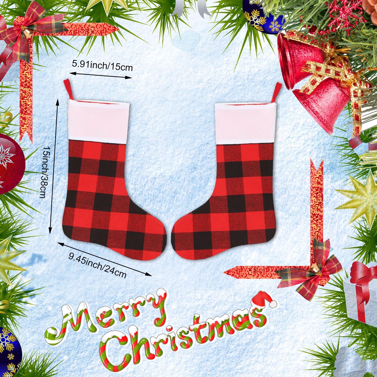 12 calze natalizie a quadri di bufalo, calze natalizie da appendere, decorazioni natalizie a quadri, per feste di Natale in famiglia, feste di Natale, bianco e nero (nero, rosso, 45 pollici)