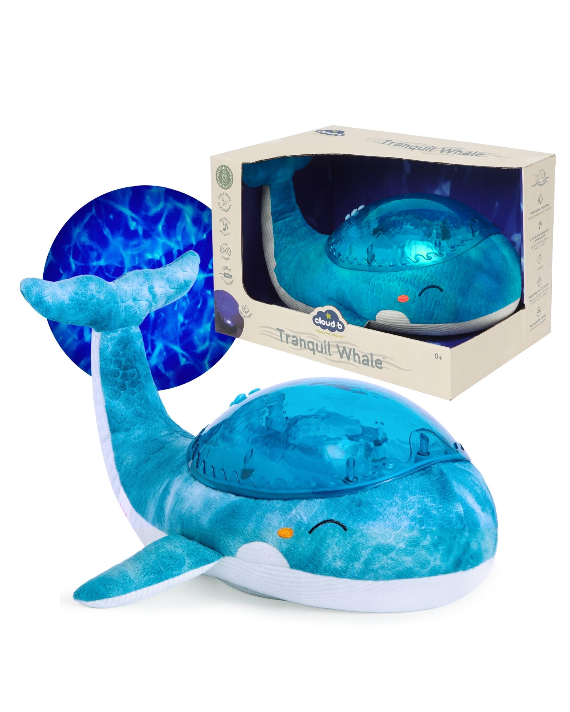 Cloud b Tranquil Whale Blue - Rechargeable Ocean Wave Projector & Baby Sound Machine - Realistic Wave Lights, Cry Sensor & 4 Soothing Sounds - Eco-Friendly Sleep Aid for Nursery & Travel