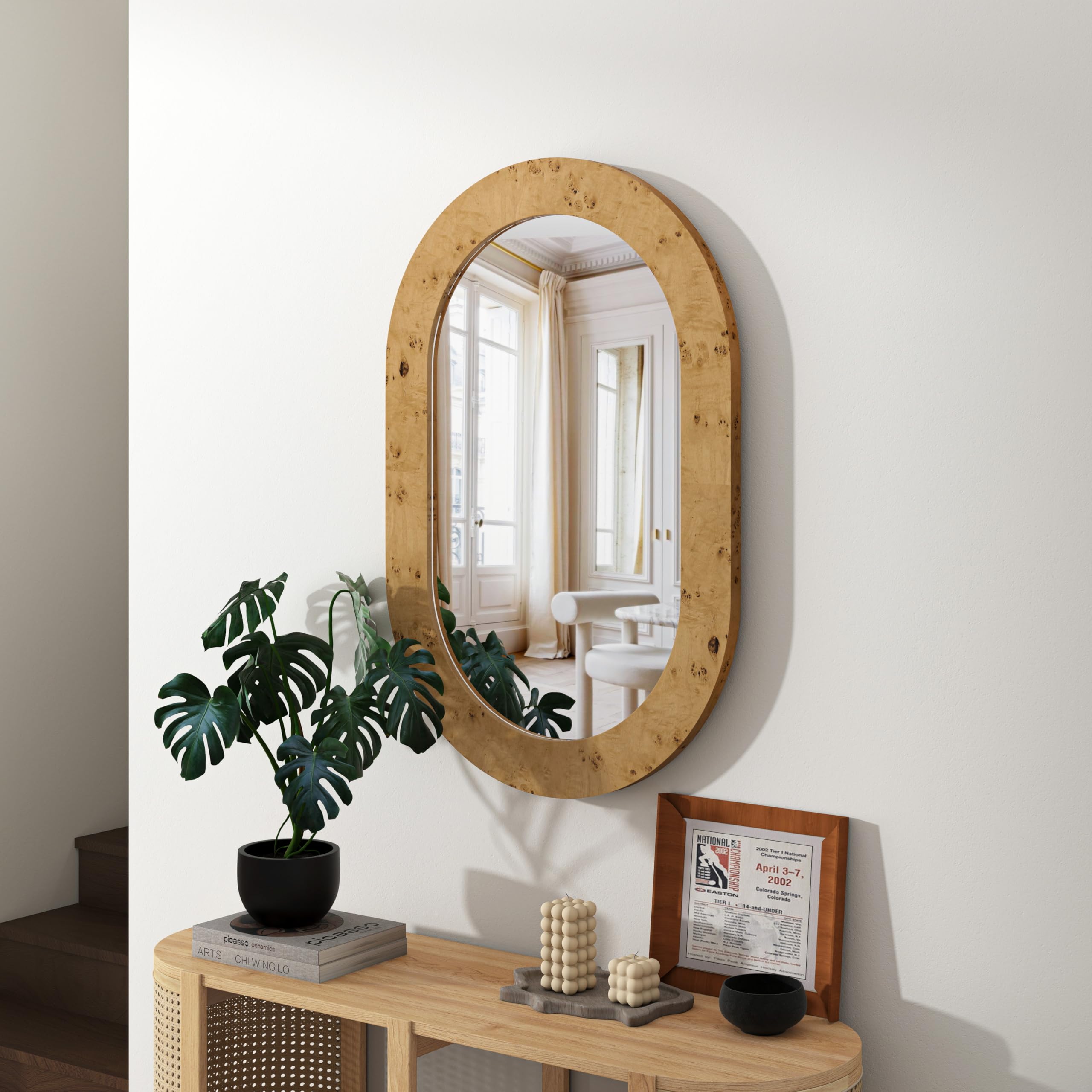 SHYFOY Miroir mural ovale - 90 x 60 cm - Miroir décoratif en bois de burlwood avec bord poli argenté pour salon, chambre à coucher, salle de bain et couloir