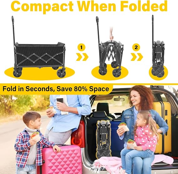 Wagons Carts Foldable, Collapsible Wagon with Wheels — Durable Foldable Wagon for Groceries,Picnic & Pets, Small Hauls, Apartment Moving & Storage, Portable Utility Pull Wagon Cart, 360lbs, Black