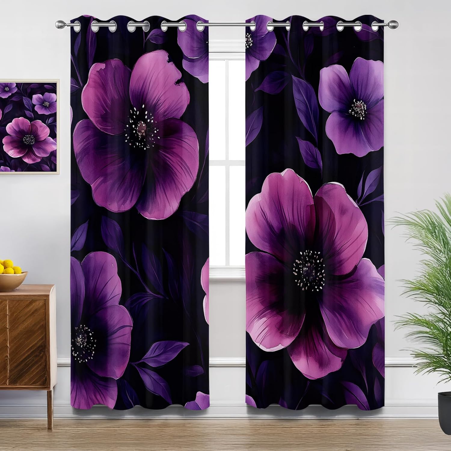 Floral Blackout Curtains for Bedroom Living Room, Retro Flower Botanical Luxury Patterned Window Treatments, Room Darkening Thermal Insulated Grommet Drapes, 45 Inch Curtains 2 Panel Set