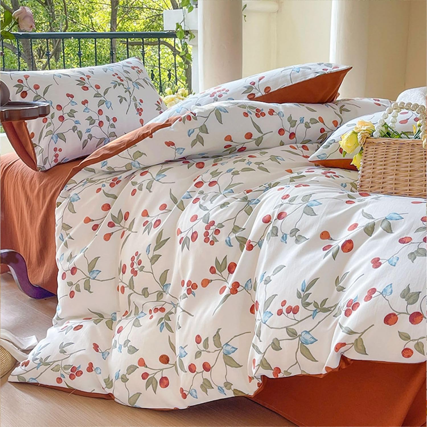 Freyamy Bed Linen 200 x 200 cm 3Piece White Caramel Colourful Flowers