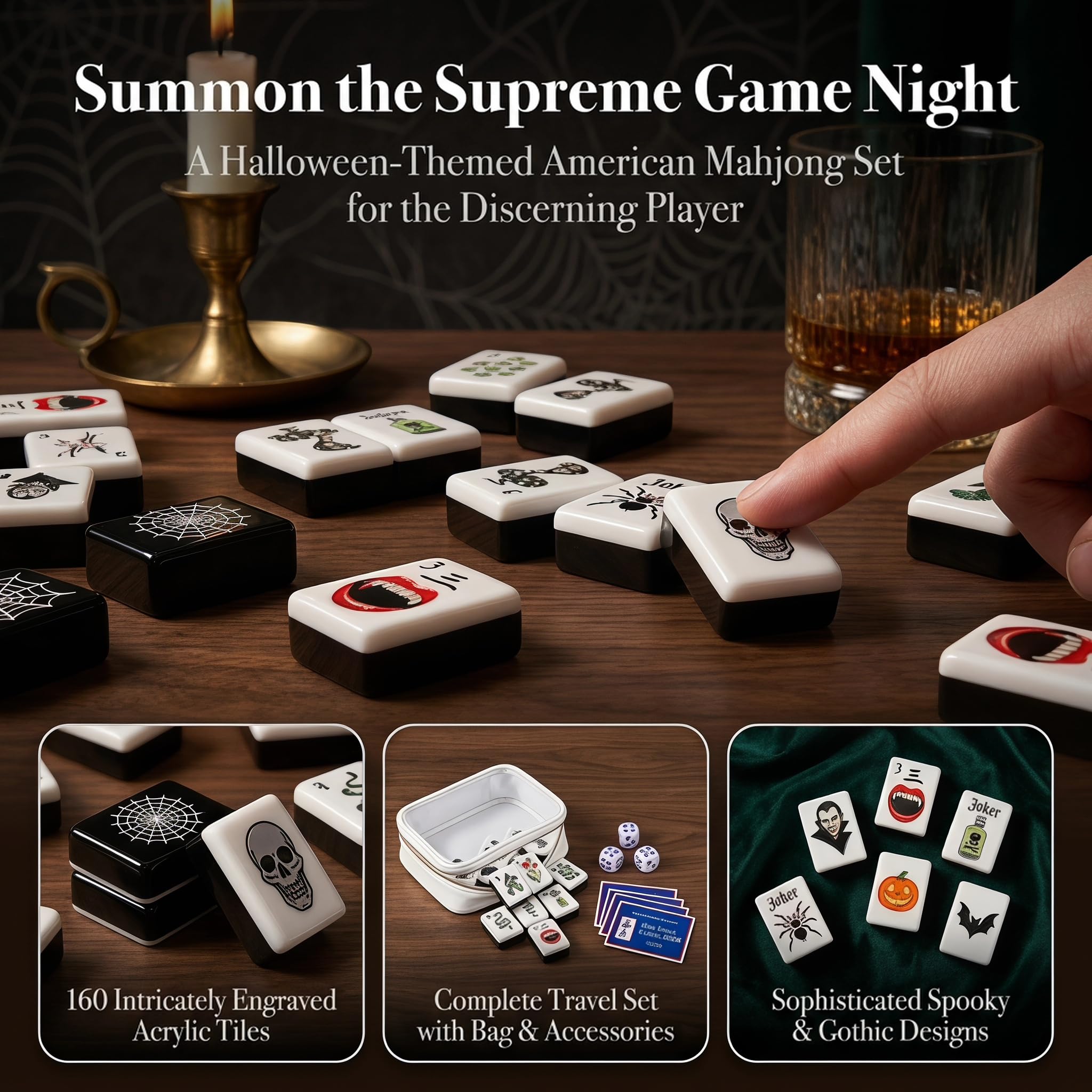 Halloween American Mahjong Set 160 Piastrelle | Spettrale gotico acrilico Mahjong regalo per feste, divertimento in famiglia e regalo