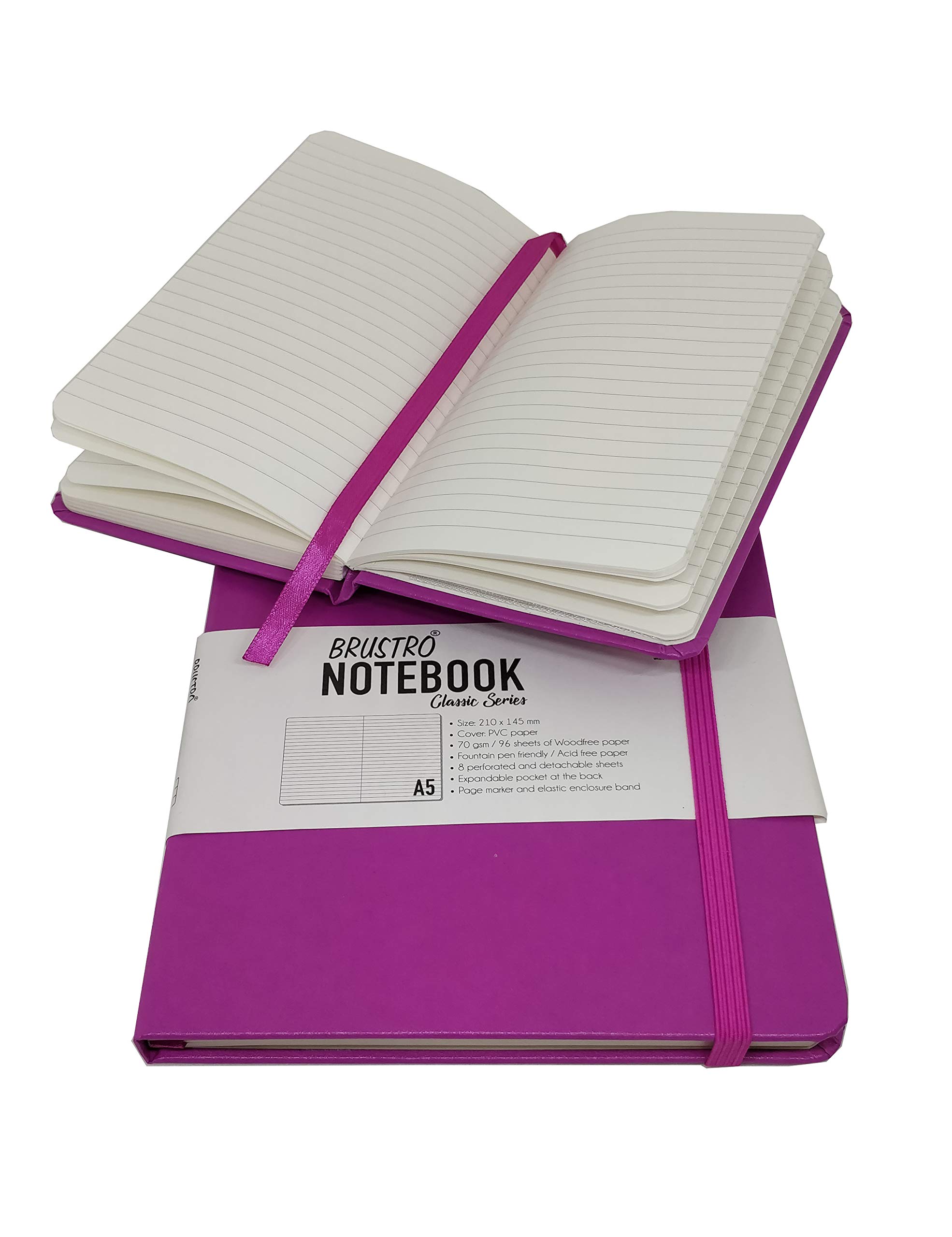 BRUSTRO Classic Series - Confezione doppia, formato A5 e A6, 70 g/m², 96 fogli, rosa leggero, con copertina rigida, fascia di chiusura elastica, pratica borsa, versatile per la scuola