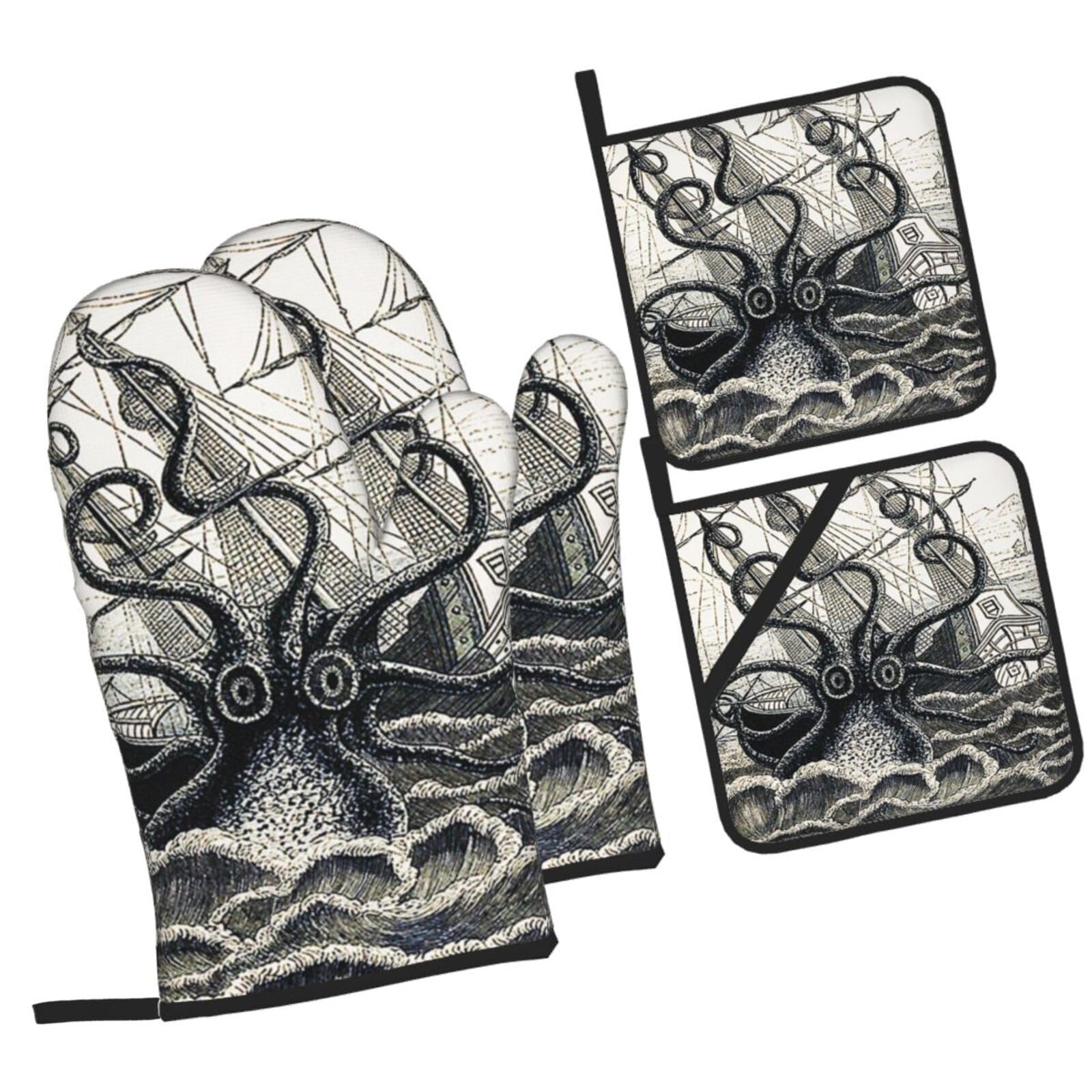 Sailing Pirate Octopus Printed Oven Mitts and Pot Holders Heat Resistant Set of 4 Pcs, Modern Kitchen Gloves & Potholders for Cooking Baking Grilling