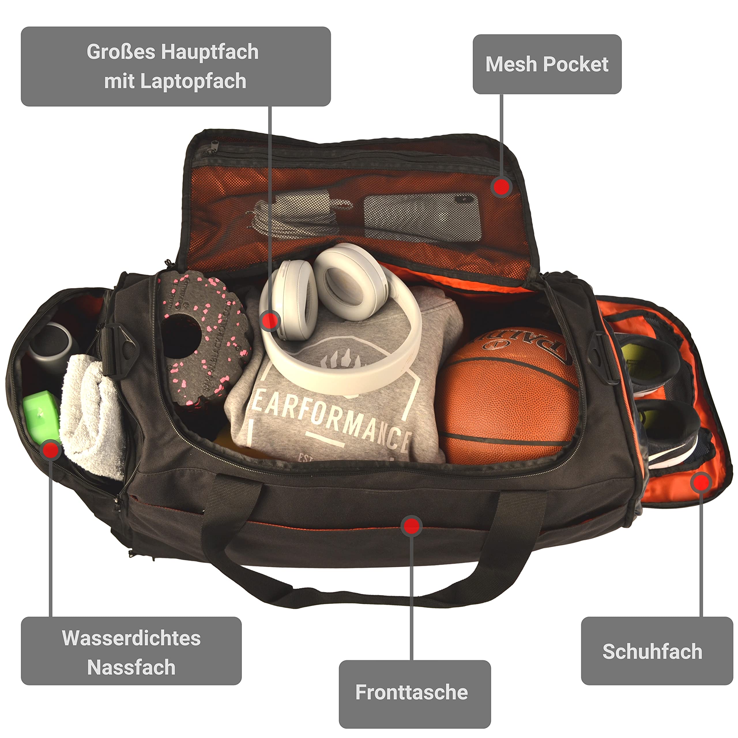 Ultimate Sportbag – Sporttasche mit Schuhfach, 70L, Schwarz | Herren & Damen | Rucksackfunktion | Nassfach | Sport, Reise, Gym | recyceltes PET | 12 Fächer