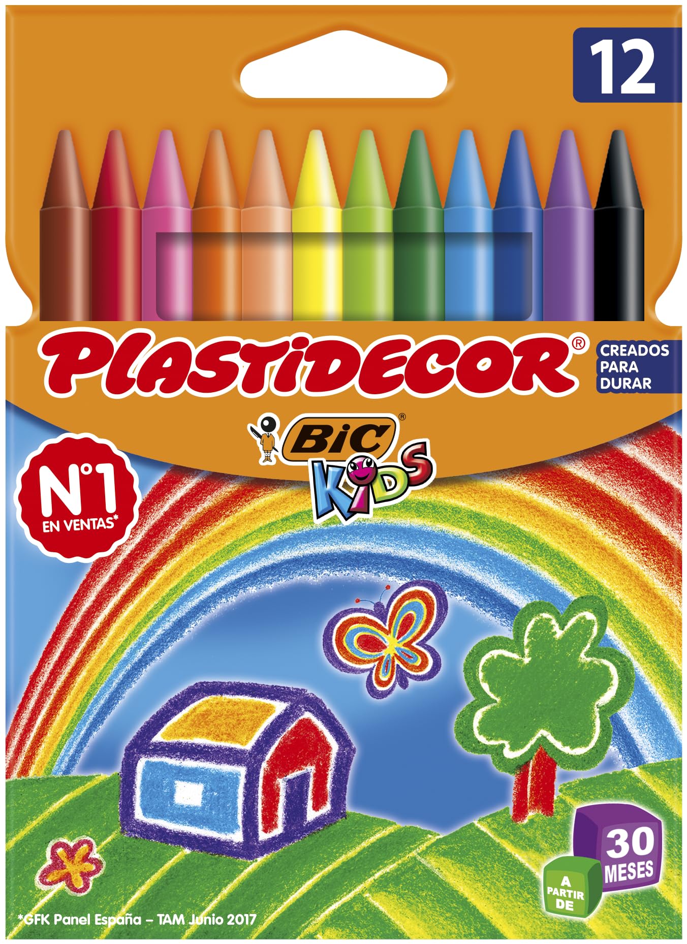 BIC Kids Plastidecor - Ceras para colorear, antimanchas para actividades creativas en casa y el colegio, Blíster de 12 Unidades (Paquete de 1), Colores surtidos, Clásico