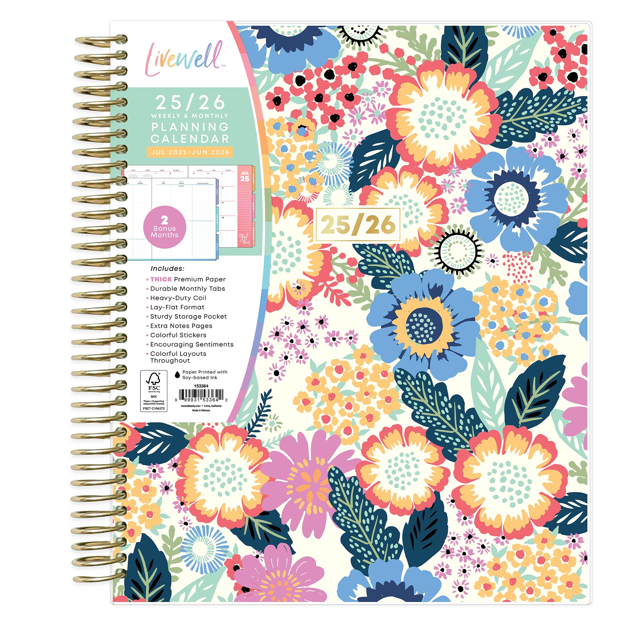 Blue Sky LiveWell 2025-2026 Academic Year Weekly and Monthly Planner Calendar, July 2025 - June 2026, 12-Month, 7" x 9",Flexible Cover, Wirebound,