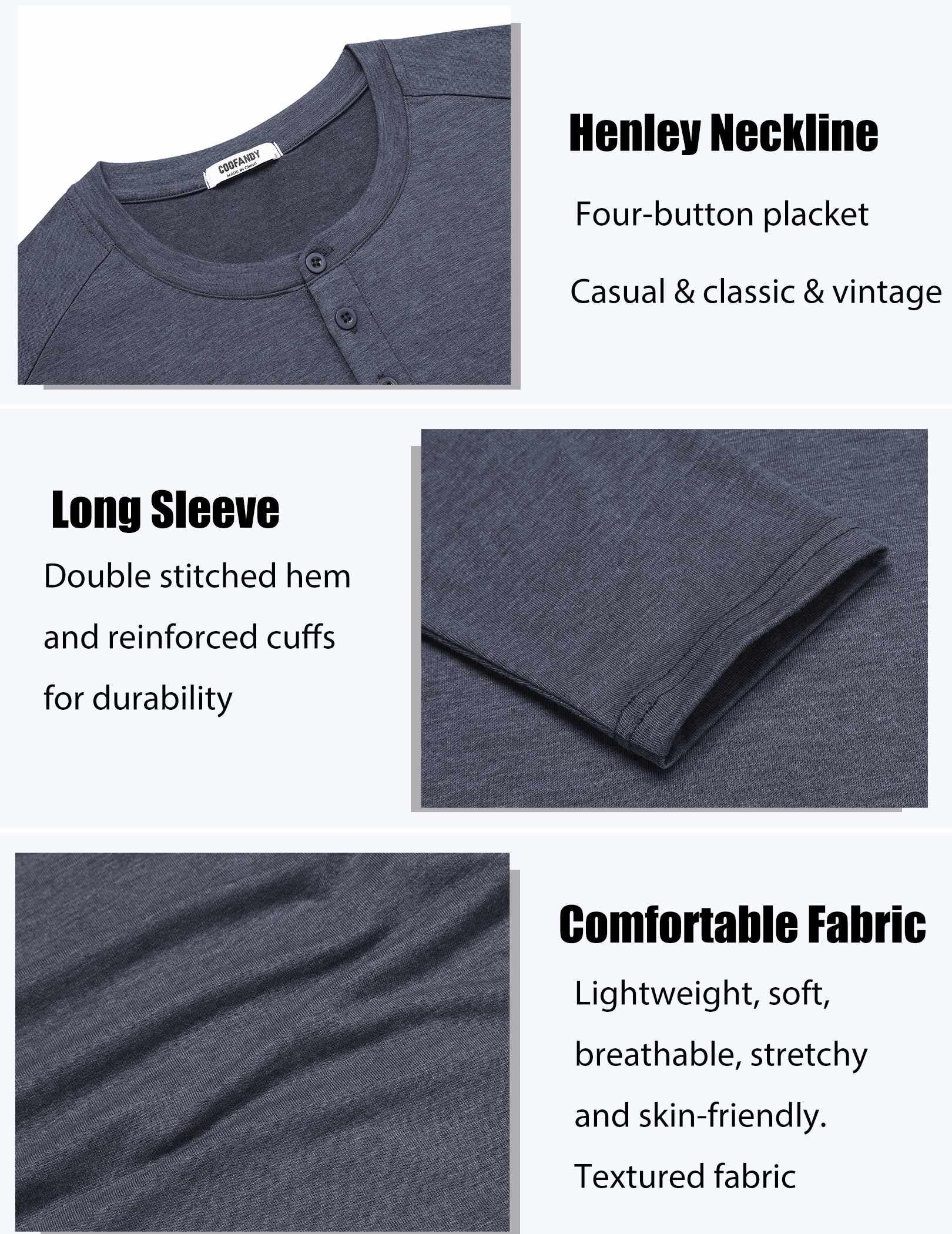 COOFANDY Henley, maglietta da uomo a maniche lunghe, leggera, alla moda, casual
