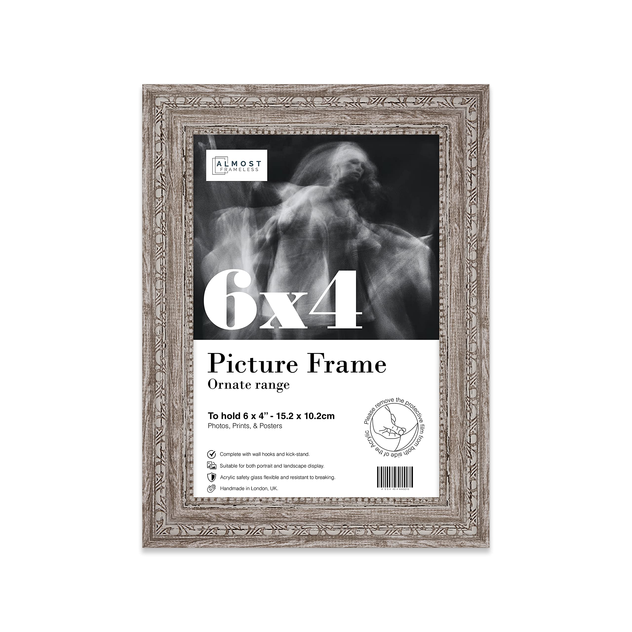 Almost Frameless 6x4 Walnut Ornate Picture Frame 6"x4"(15.2x10.2cm) Poster, Photo, Artwork, or Print. Antique Style Portrait and Landscape Display with Wall Hooks