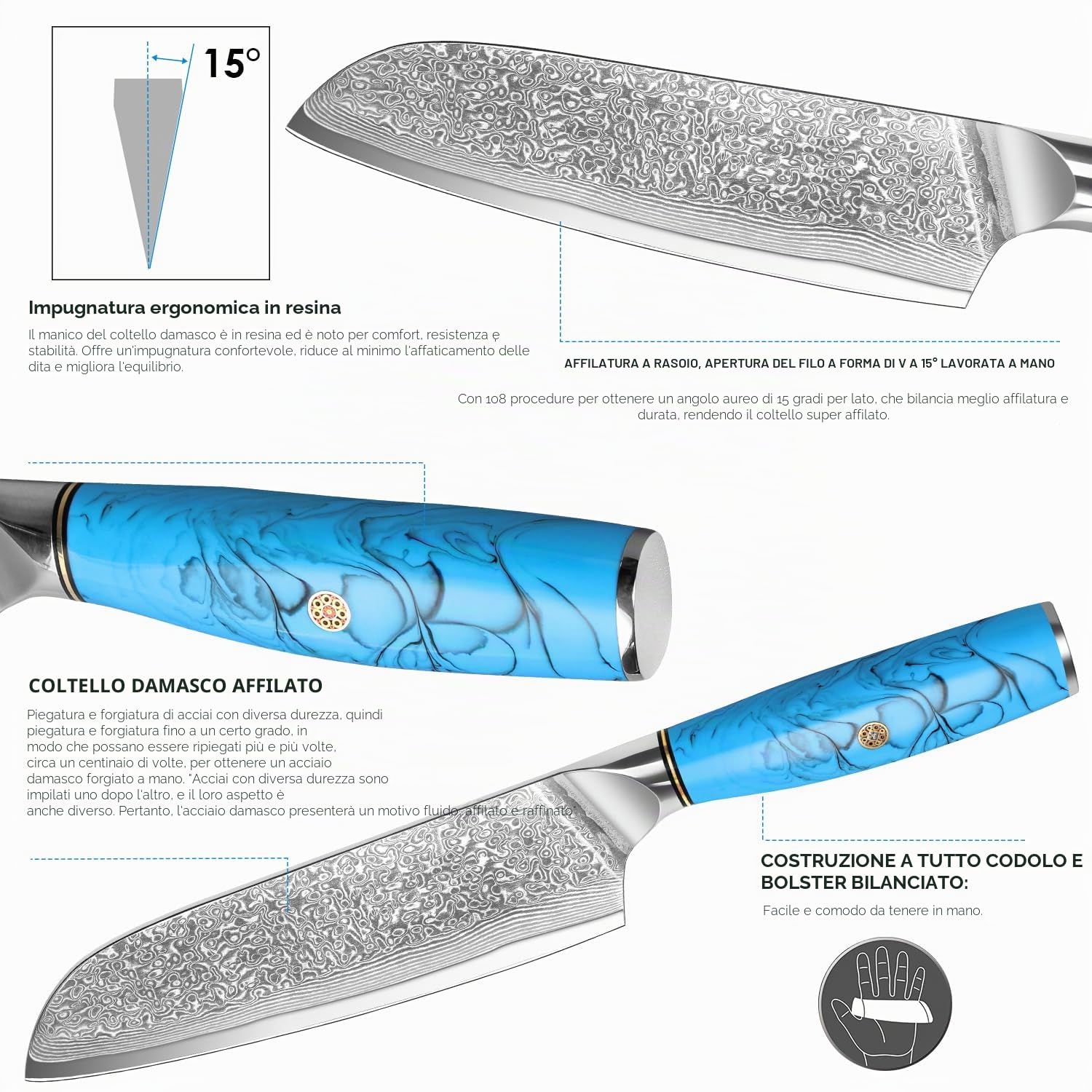 Home Safety Set Coltelli da Cucina 3 Pezzi, in 67 Strati di Acciaio Damascato Vg-10, Coltello da Cucina Professionali, Coltello Chef Manico Ergonomico in Resina Naturale, Confezione Regalo