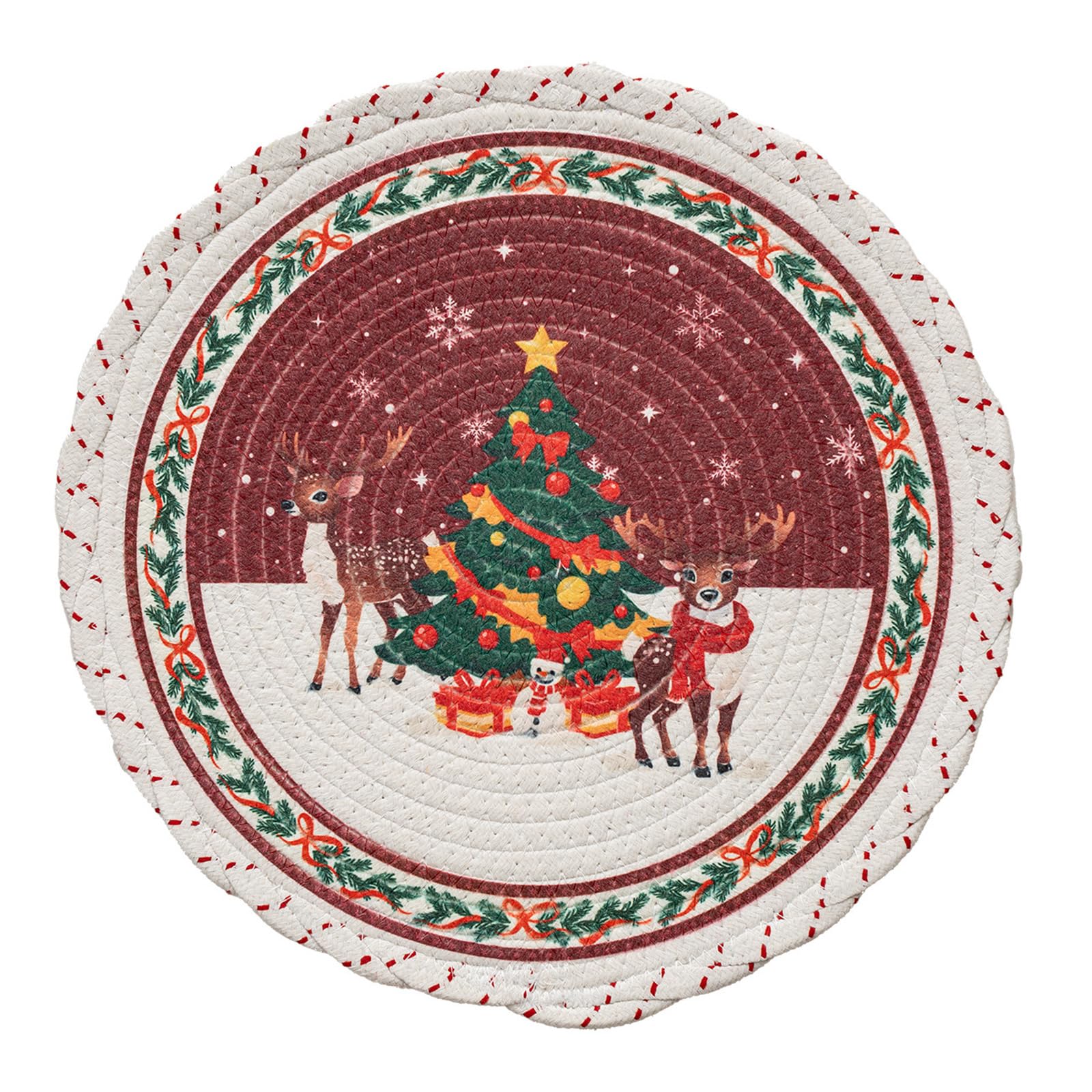 Tsophreniq Christmas Snowflake Embroidered Round Table Placemat Heatproof Waterproofs Washable Decorative Dining Accessory Polyester Table Mat