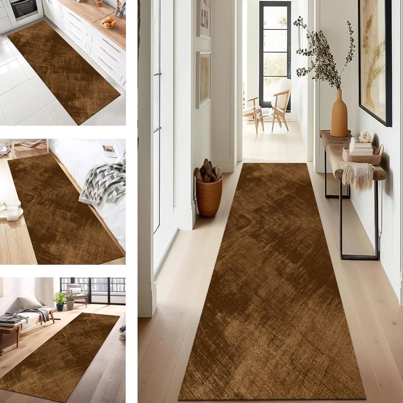 Tapis de couloir 80 x 250 cm marron abstrait lavable et antidérapant