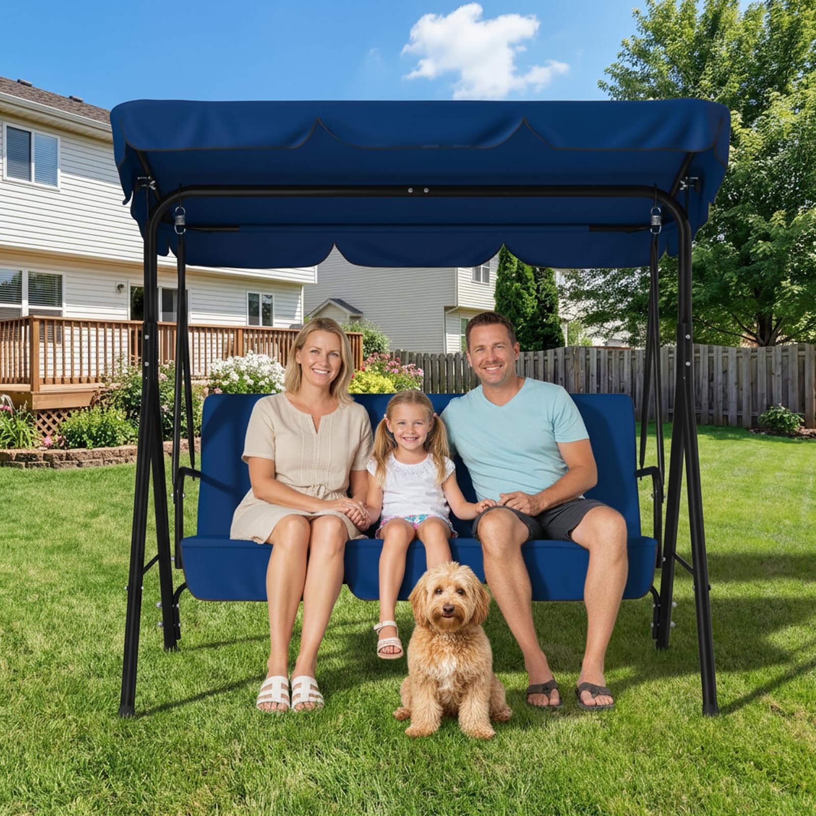 YODOLLA Balancelle de Jardin 3 Places, Auvent Réglable & Coussin Amovible, Charge 204kg, Balancoire Extérieure pour Terrasse, Piscine, Porche, 172 × 112 × 151 cm (Bleu)