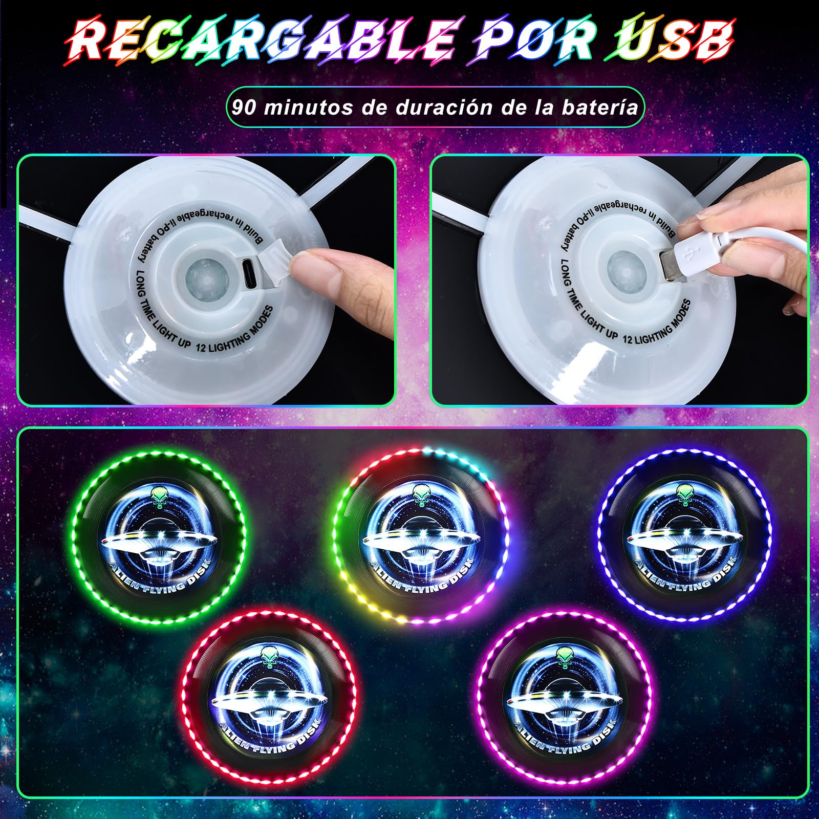 IEEILULU Disco Volador LED, Disco Volador, Disco Volador Iluminado con 12 Efectos de Luz, Reutilizable, Disco Ultimate Frisbee para Adultos Niños Actividades Al Aire Libre En Familia