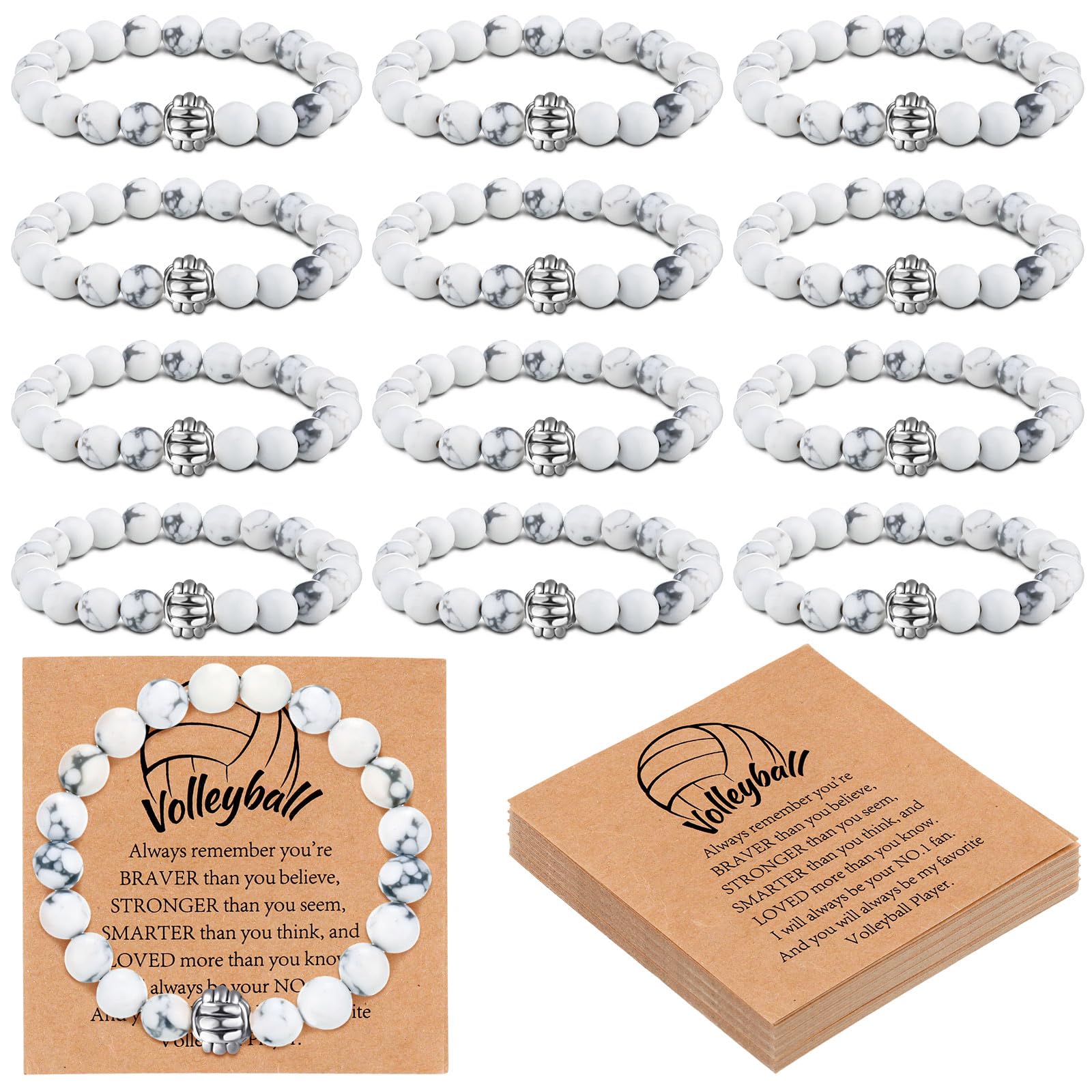 Ecation 12 Sets Sport Bracelets Team Gift Lave Stone Black White Beaded Bracelet with Inspirational Card for Football Volleyball Golf Baseball Basketball Soccer Softball Party Favor(White,Volleyball)
