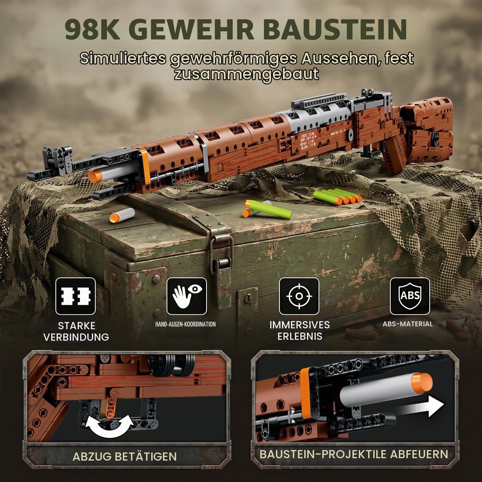 Reobrix 98K Gewehr-Modellbausatz für Erwachsene,104cm Klemmbausteine Modell | Großes Karabiner Modell, Funktionsmodell, Detailreiches Ausstellungsmodell, Militärfans, 77003 Modellset, 951 Teile Bausatz