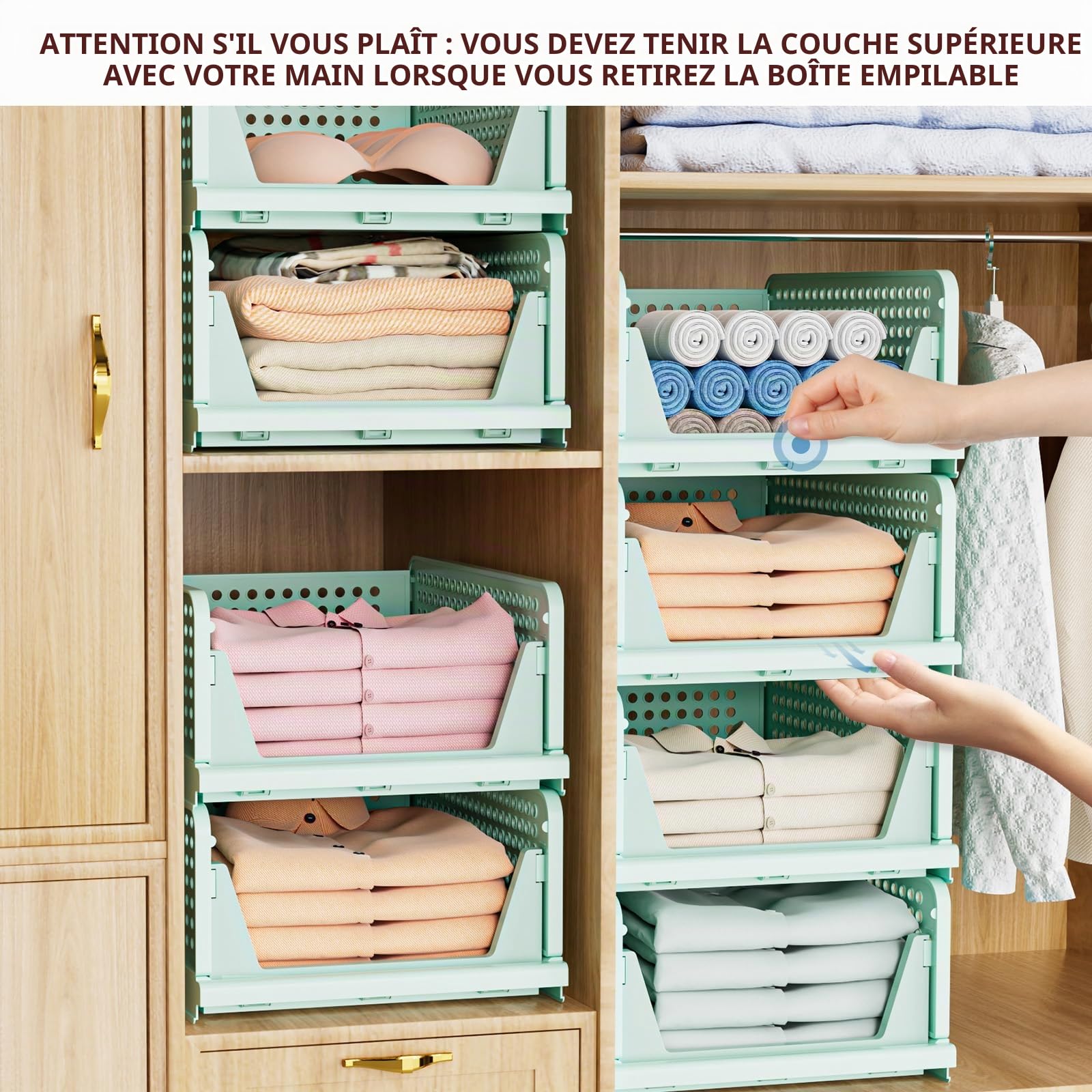 Lot de 4 boîtes de rangement pliantes, empilables, paniers de rangement en plastique pour armoire, cuisine, salle de bain, bureau, vert, 4 l