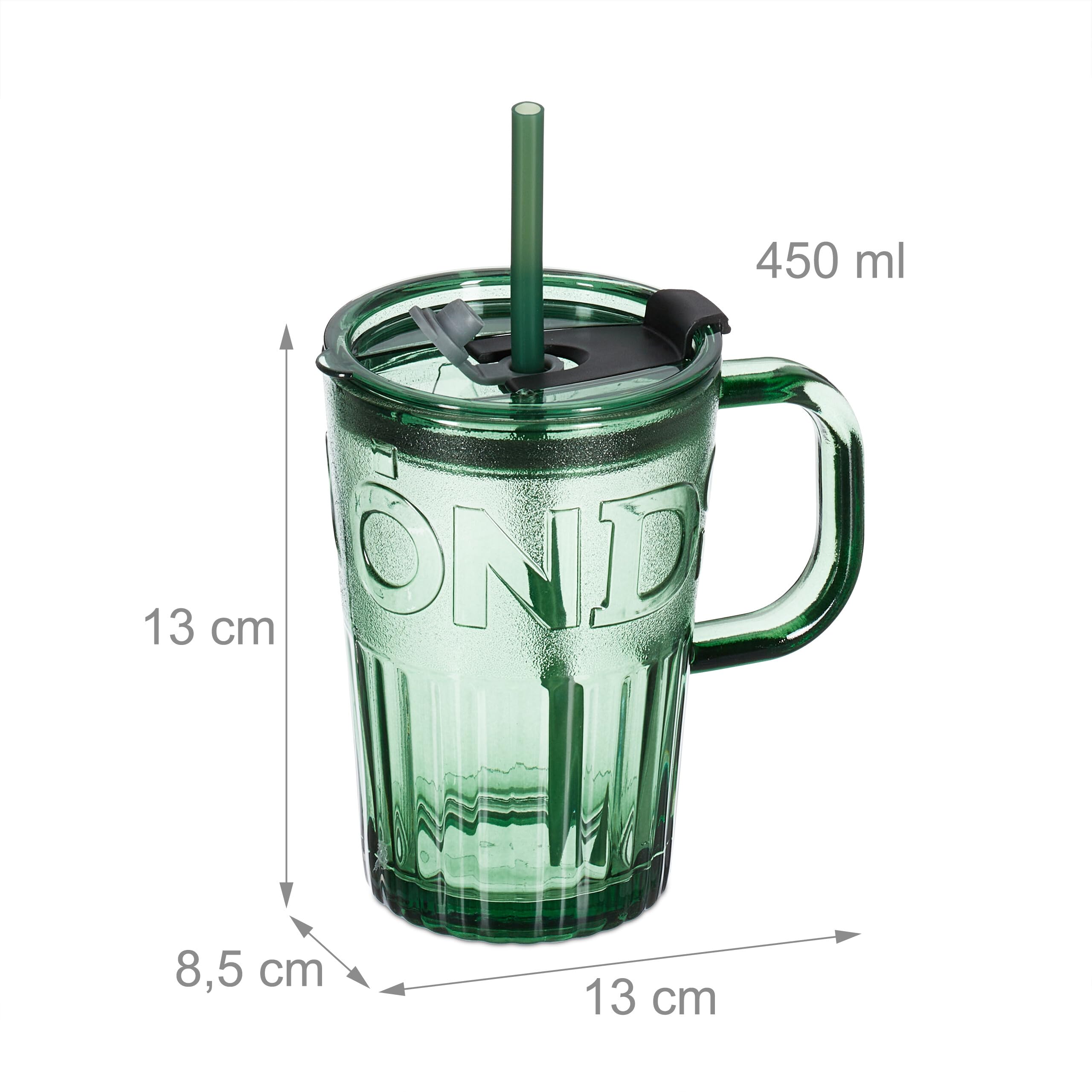 Relaxdays Set da 2 Tazze per Bevande, Bicchieri in Vetro per Frullati, con Coperchio Cannuccia e Manico, 450 ml, Verde