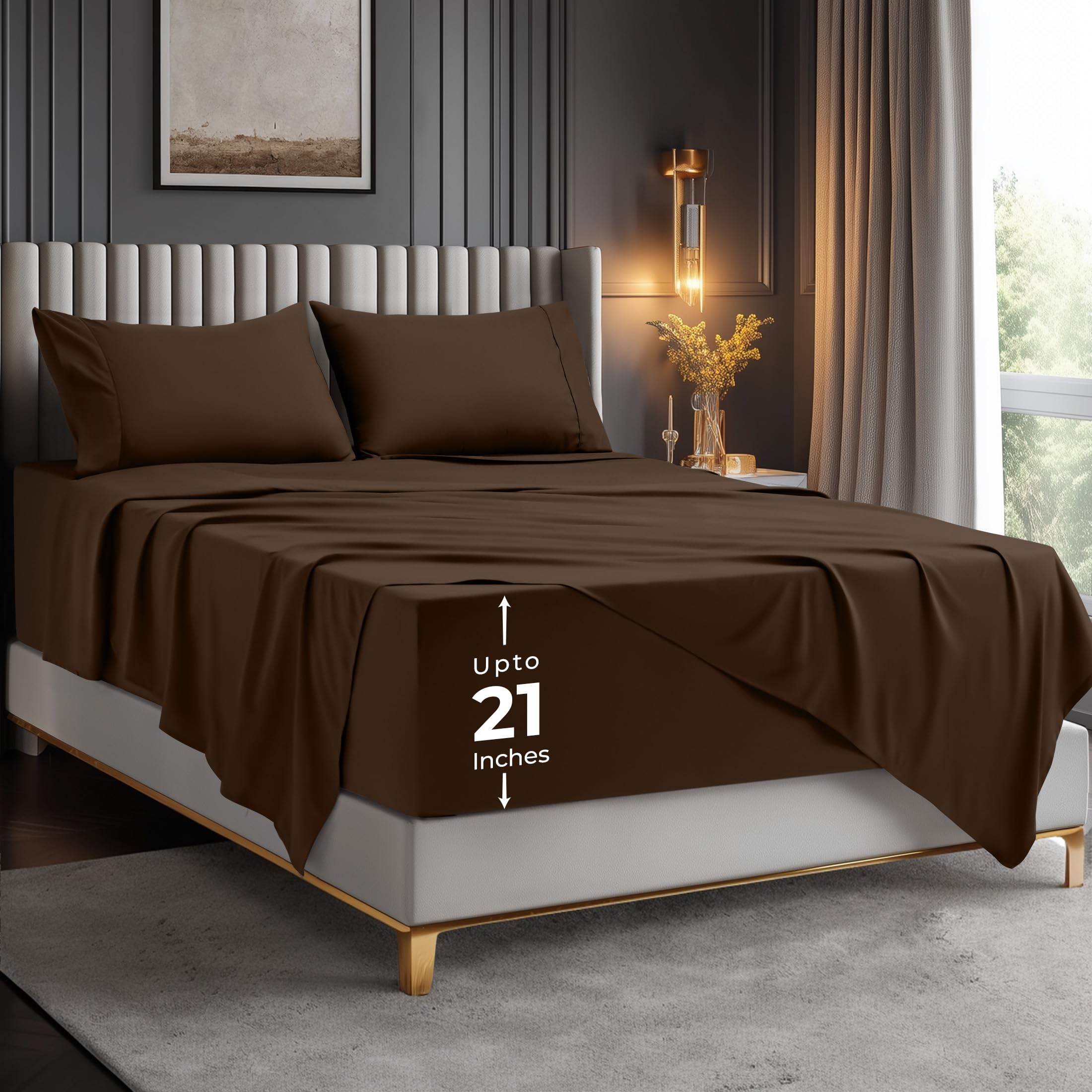 bedding king size deep pocket sheet set – fits mattresses up to 21 inches – cooling, soft & breathable – oeko-tex 4 piece bed sheets (brown)