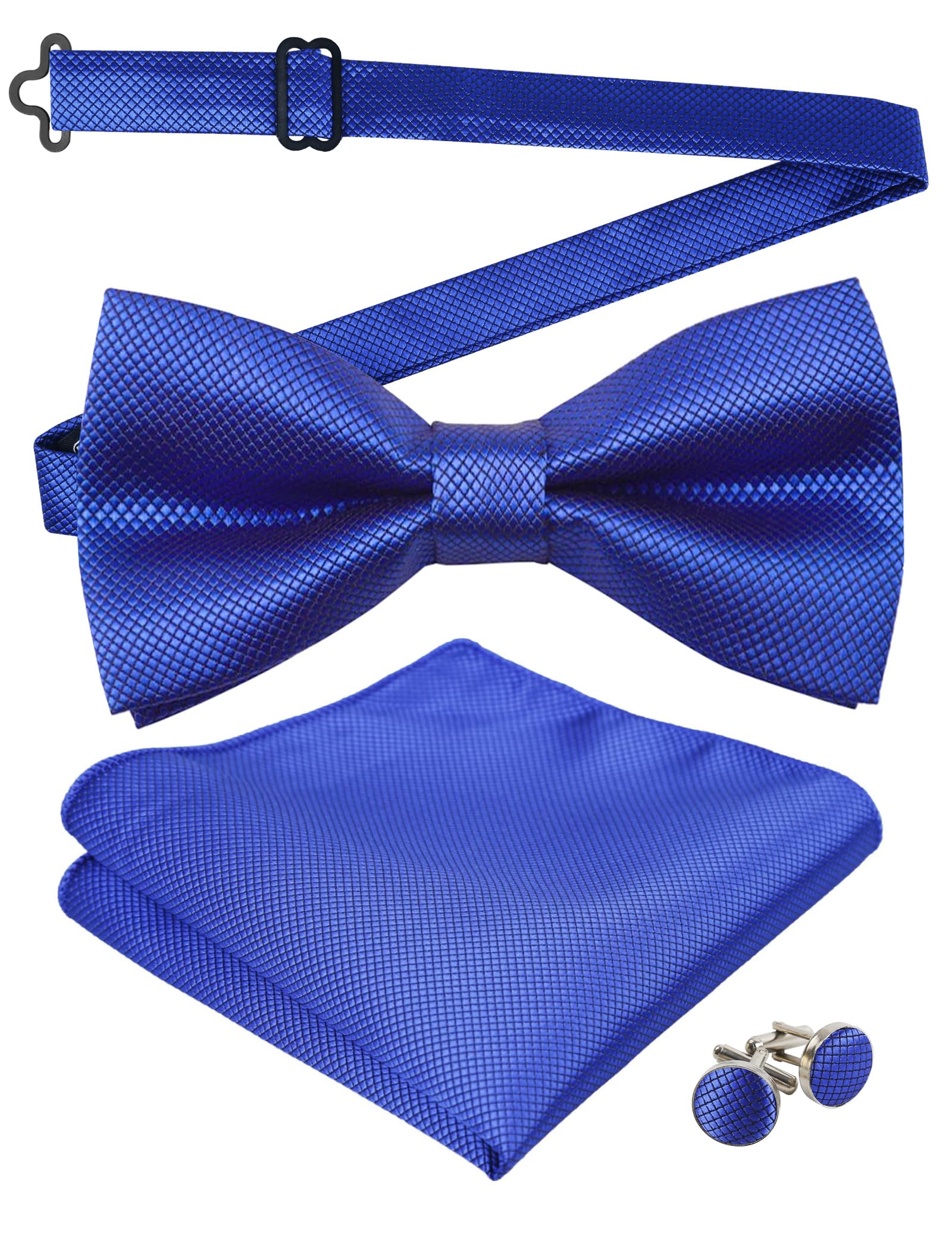 Alizeal Solid Pre-tied Bow Tie Cufflinks Hanky Set for Men Neck Wear, Royal Blue