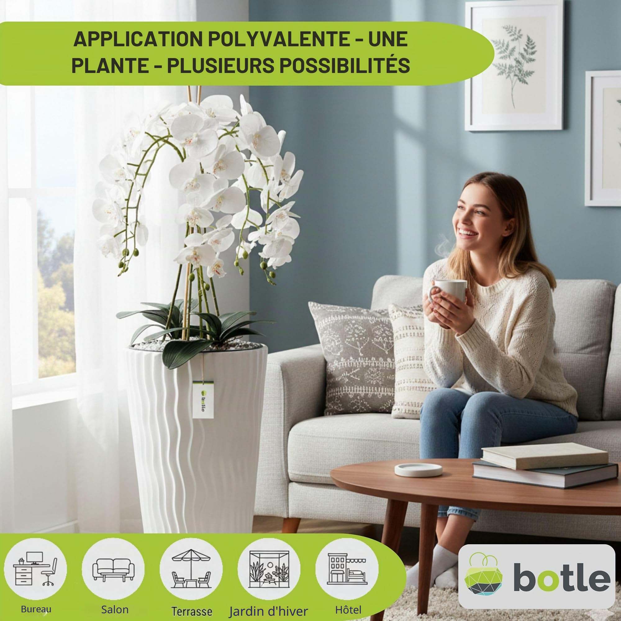 botle Bouquet d'orchidée artificielle en cascade blanche dans un pot blanc, hauteur 115 cm, décoration de bureau à domicile, plante artificielle, fleur artificielle, orchidée artificielle en pot