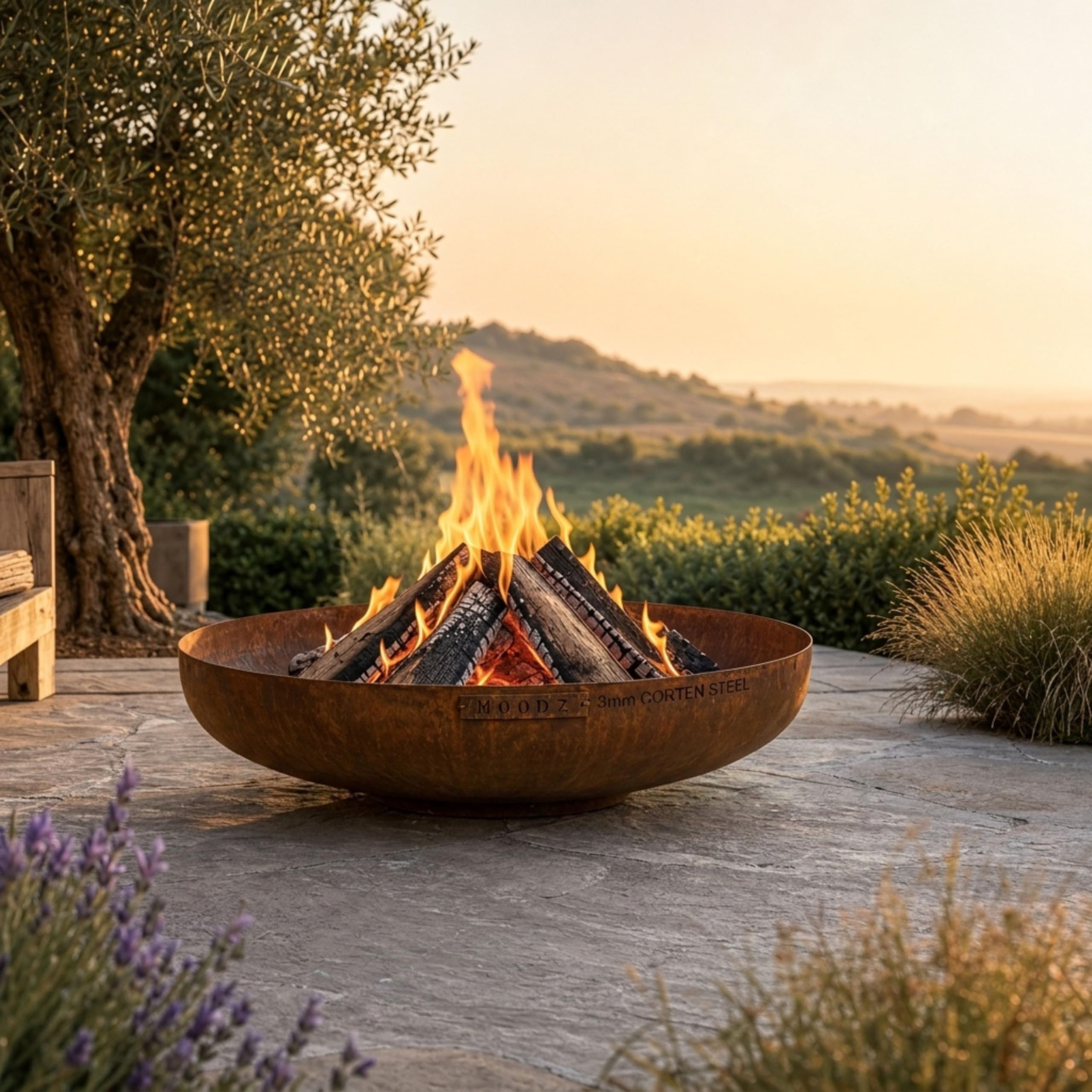 MOODZ Brasero de Exterior en Acero Corten Ø 100 cm - Pozo de Fuego Robusto de 3 mm de Espesor - Fogón de Jardín Resistente a la Intemperie - Gran Cuenco de Fuego para Terraza y Patio