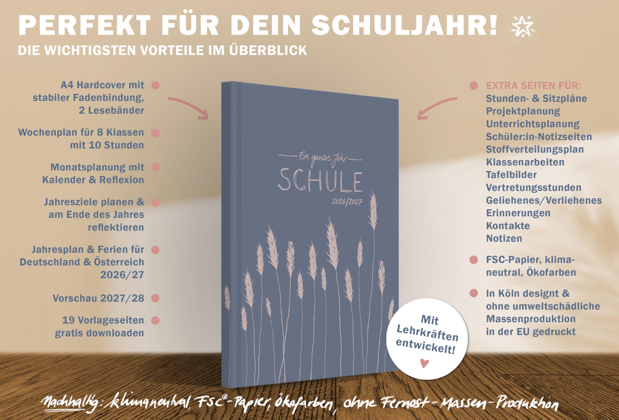 Eine der Guten Lehrerkalender 2026/2027 A4 Hardcover – Lehrerplaner Schuljahr 2026 2027 | 2 Lesebänder, Notenlisten & Klassenlisten | nachhaltig, FSC-Papier, klimaneutral | Blau Rosa Blumen