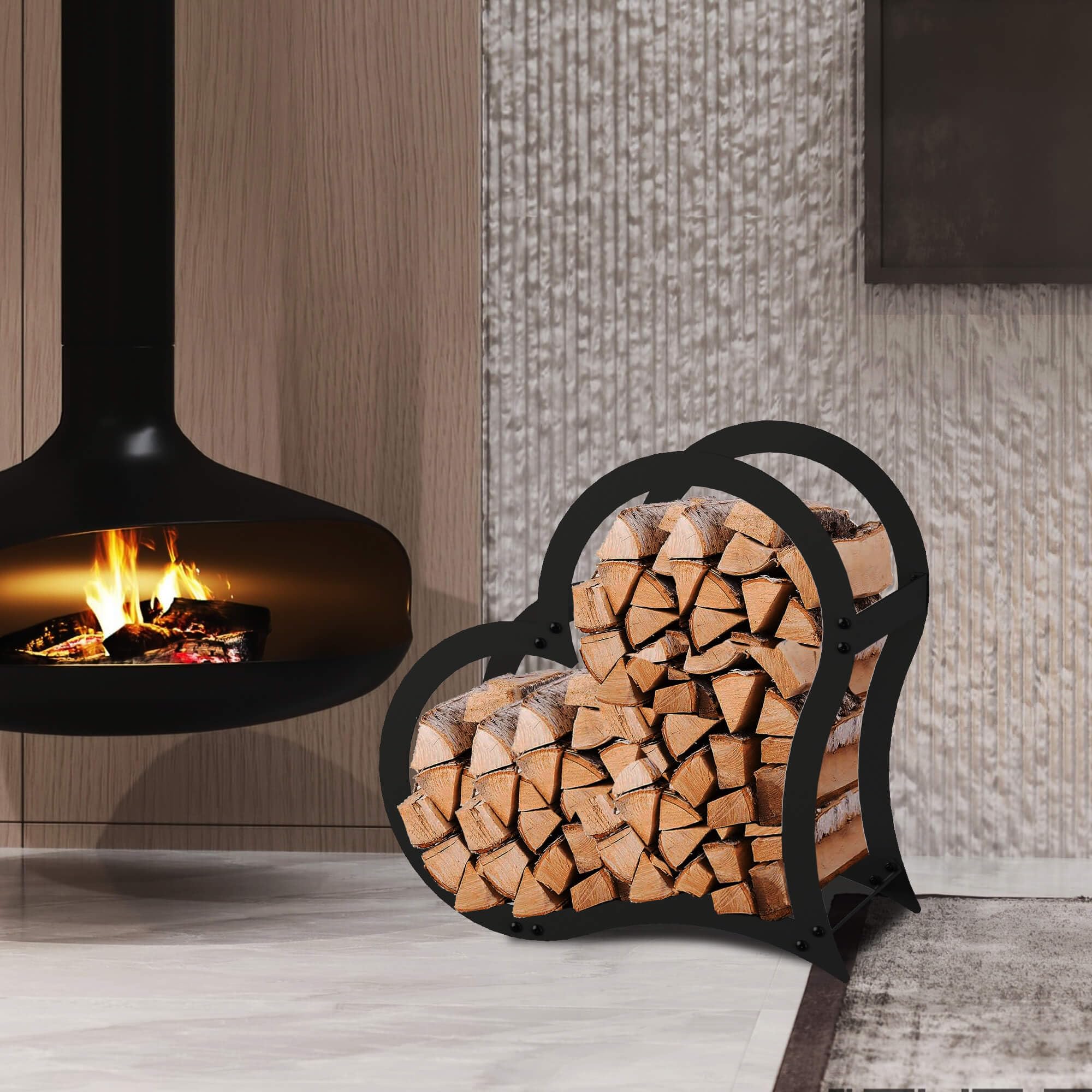 DanDiBo Kaminholzregal Innen Metall Schwarz Stehend Herz 52 cm Kaminholzständer 96469 Kaminholzhalter Brennholzregal Feuerholzregal