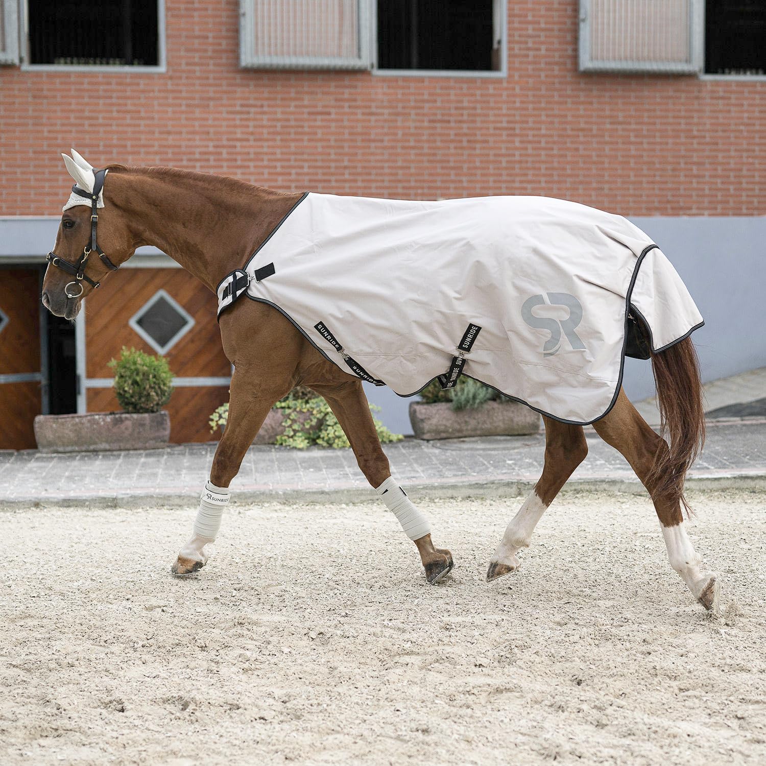SUNRIDE Coperta da maneggio 0g per cavalli (Cornwell) - 100% impermeabile - 1200D - per giostra e allenamento alla longe - Colonna d’acqua 3.000 mm - con fodera in pile - traspirante (beige, 155 cm)