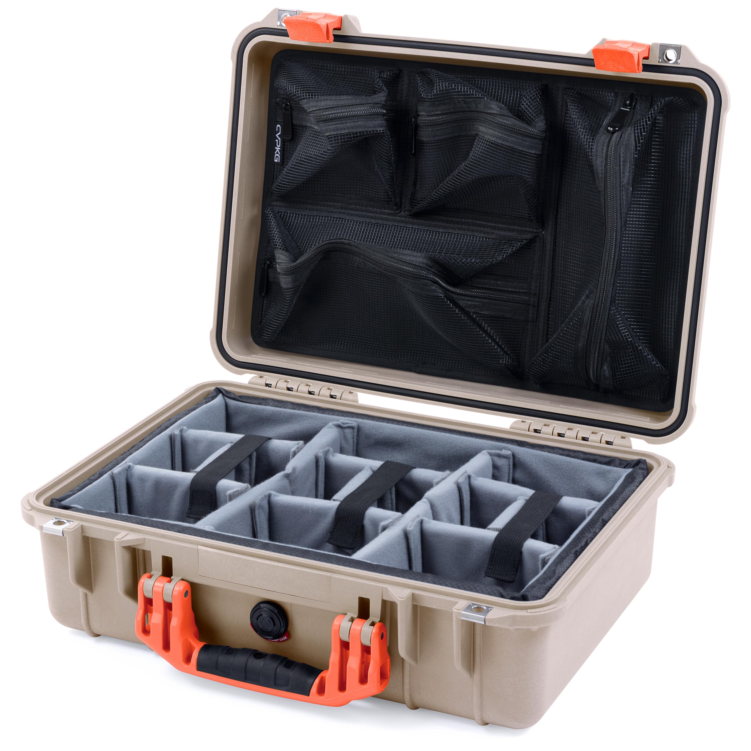 ColorCase Pelican 1500 Case Desert Tan - Medium Size Waterproof Case with Gray Divider & Mesh Lid Organizer - Orange Handles & Latches