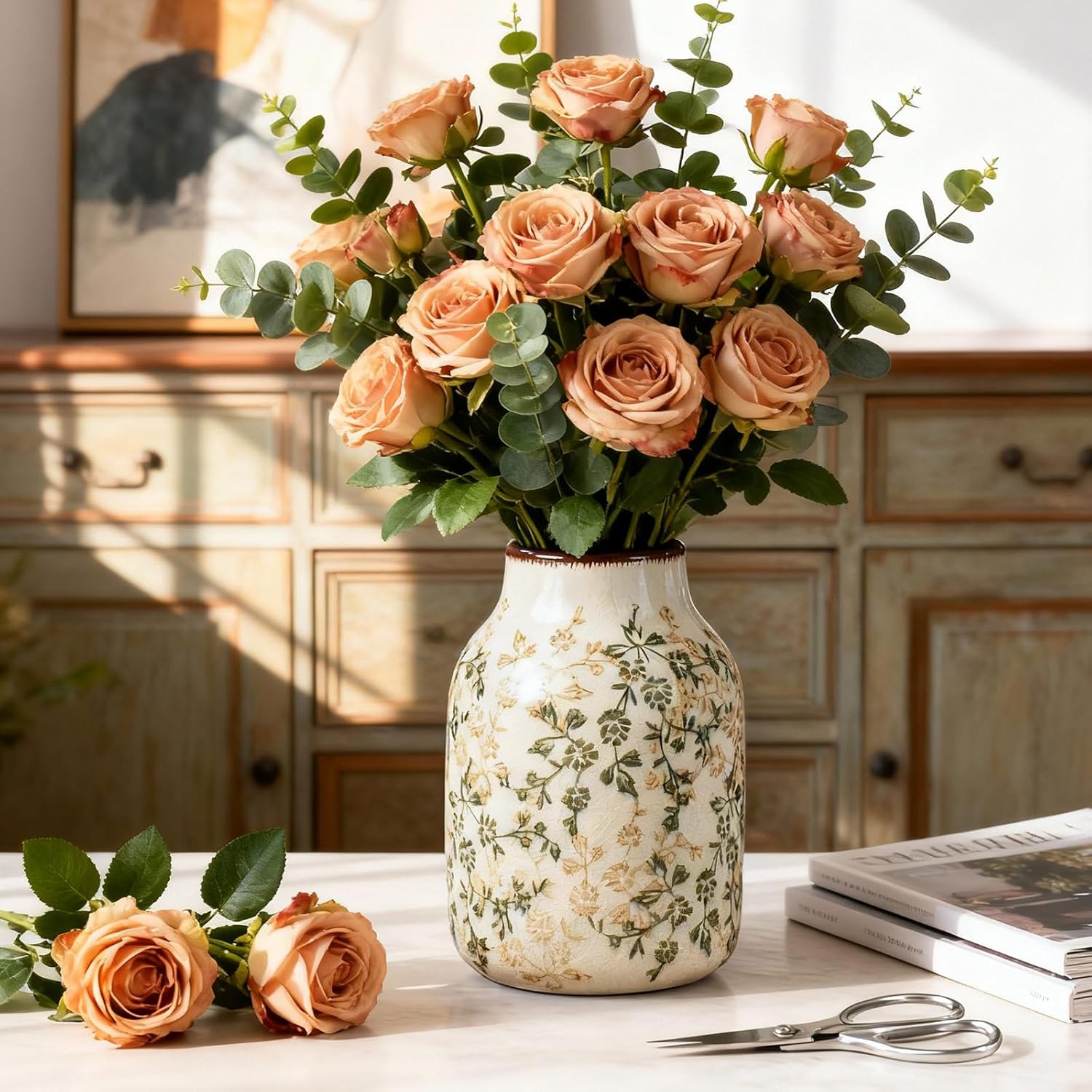 Green Vinatge Vase, Farmhouse Rustic Ceramic Flower Vase, Antique Chinoiserie Vases, Decorative Ice Cracked Large Vases for Home Decors, Living Dining Room Table, Shelf Decor, Office, 7.8 Inch