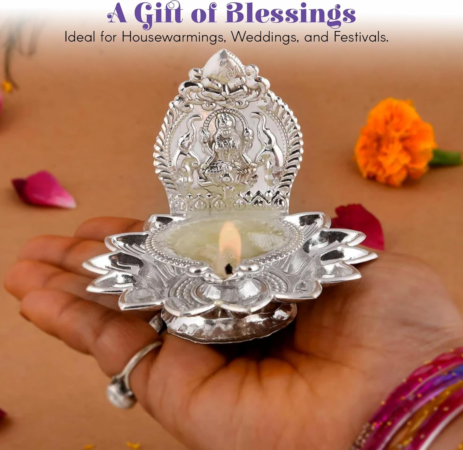 LoveNspire Lakshmi Silver Plated Diya Kamakshi Deepam Kamatchi Vilakku Samai Laksahmi Oil Lamp Diwali Decoration Hindu Puja Religious Home Decor Pooja Housewarming Wedding Return Gift 20 PC (3.5 Inch)