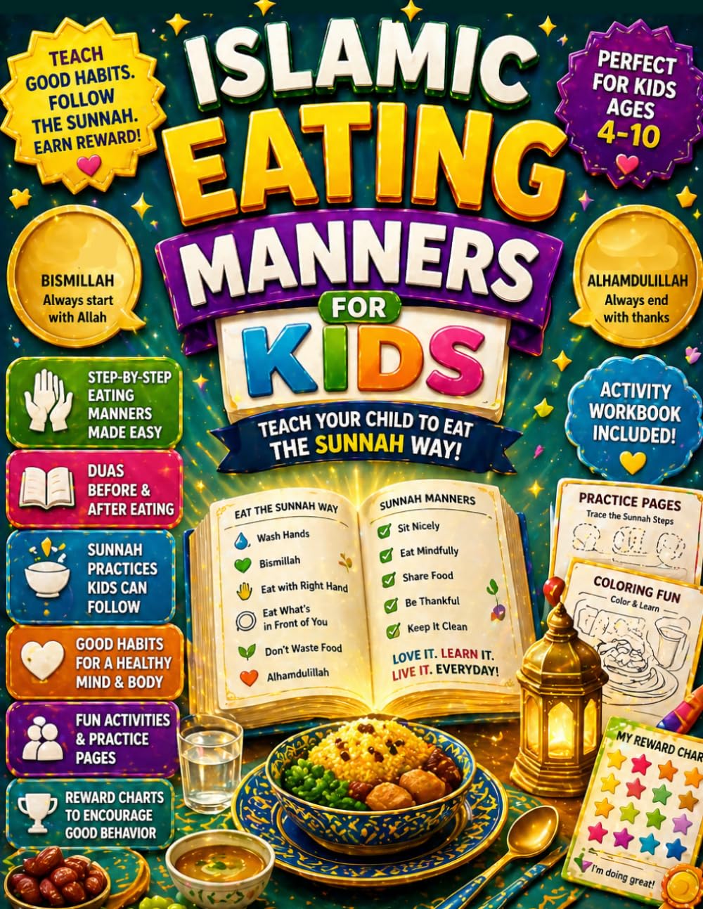 Islamic Eating Manners for Kids: Teach Your Child to Eat the Sunnah Way | Simple Step-by-Step Table Manners, Duas & Daily Habits | Muslim Kids ... Ages 4–10 with Practice Pages & Reward Charts